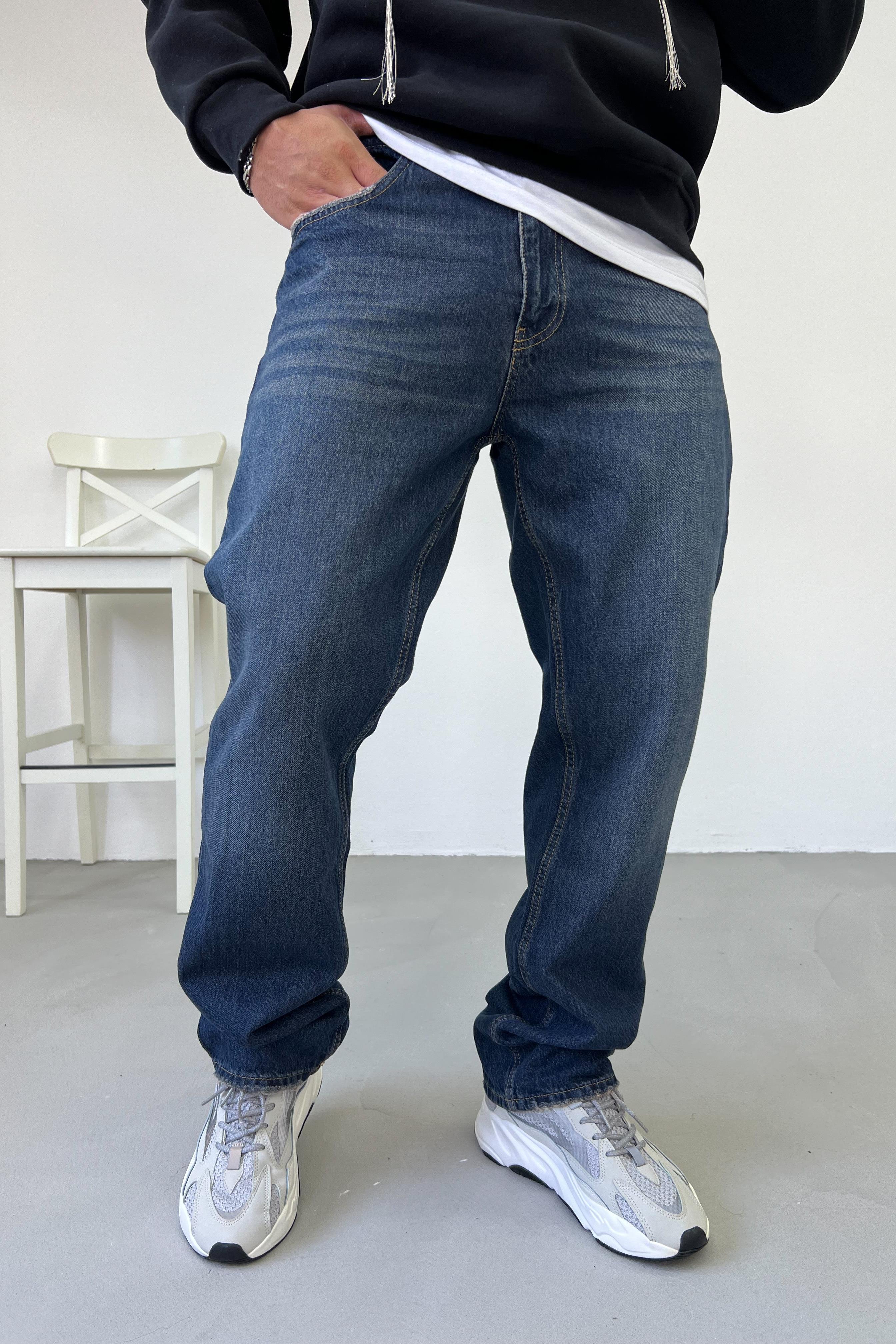 Taşlamalı Koyu Mavi Baggy Pantolon 16567-4