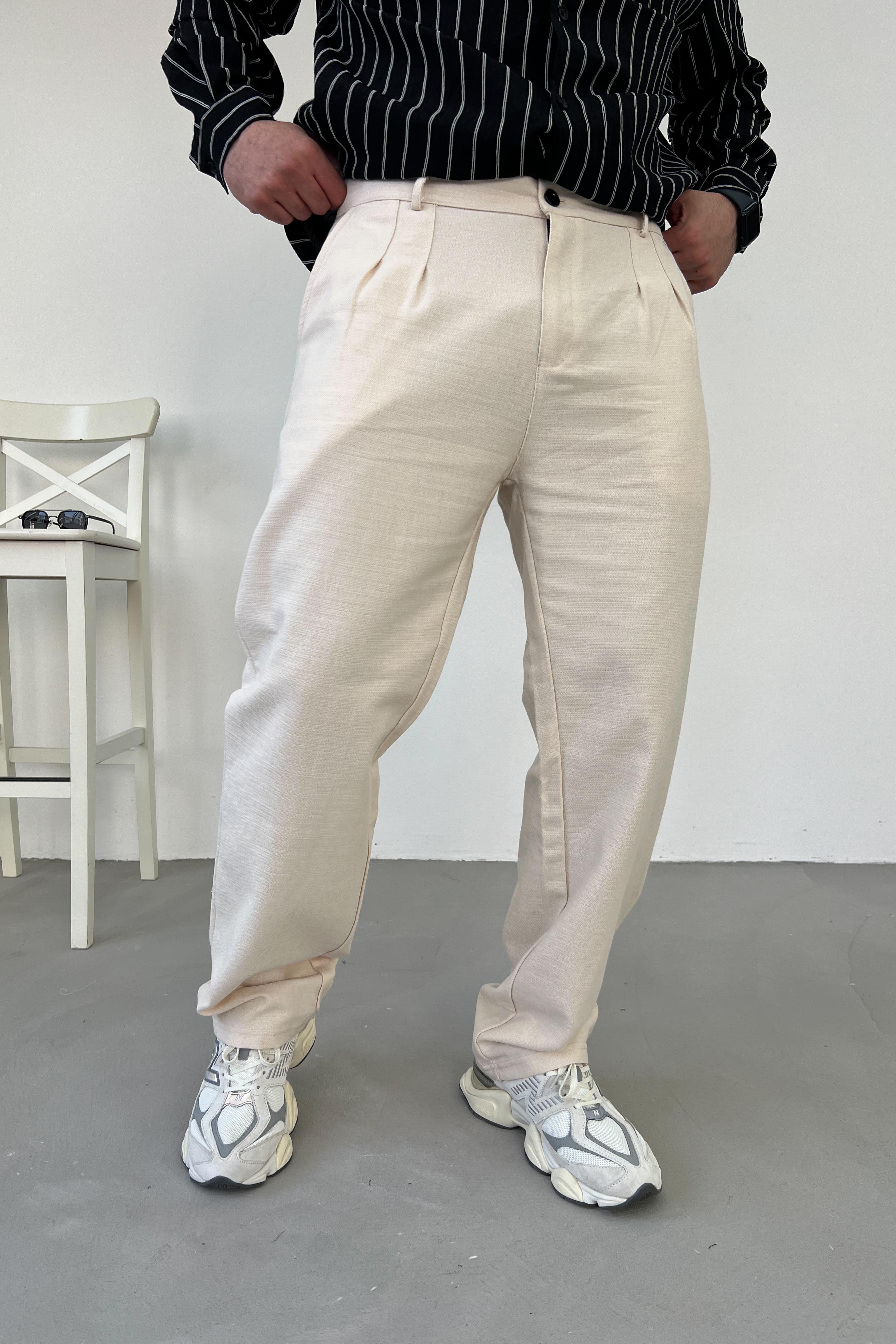 Pileli Keten Baggy Pantolon 0011 - Bej