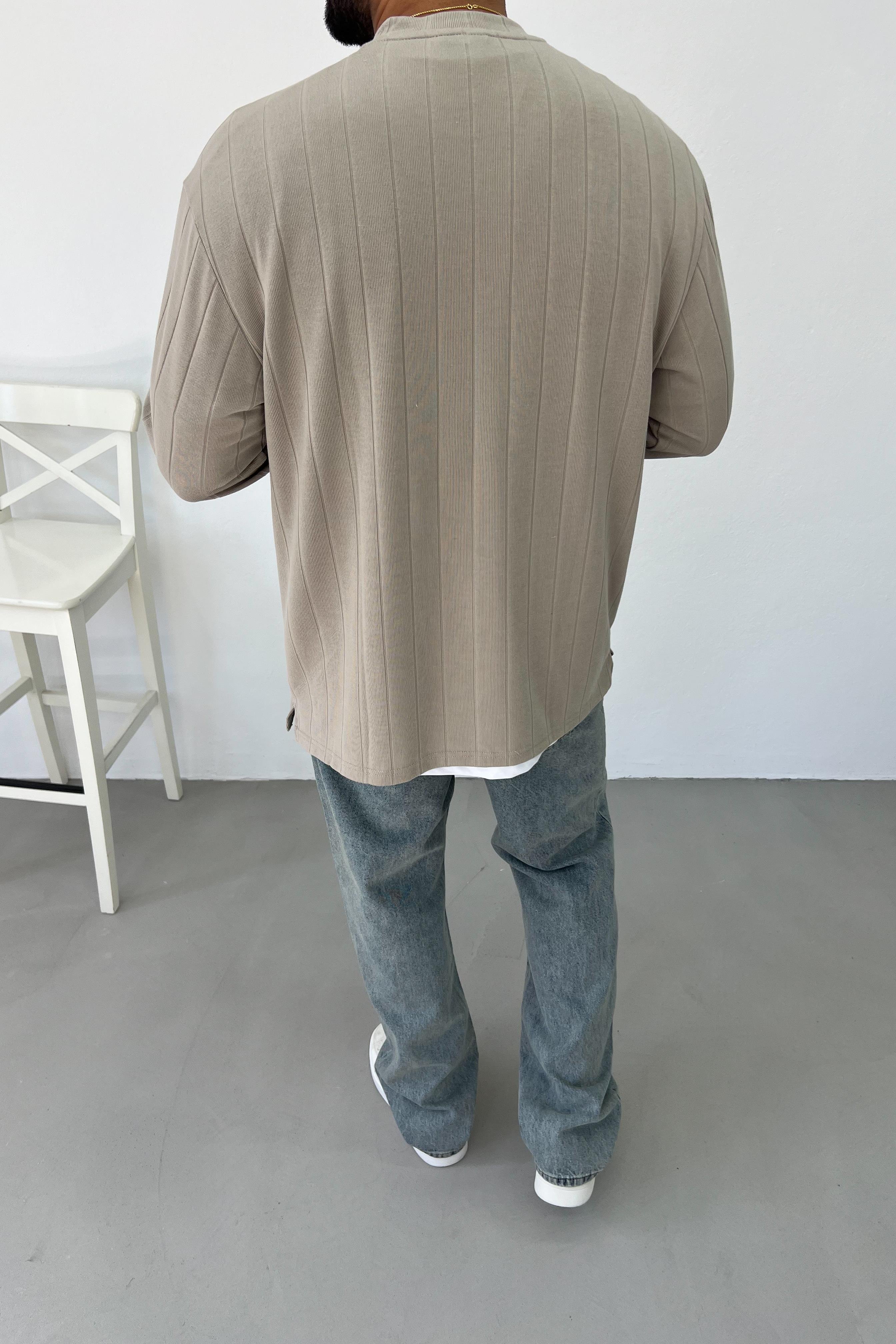 İnce Çizgili Bej Basic Oversize Sweatshirt 1593