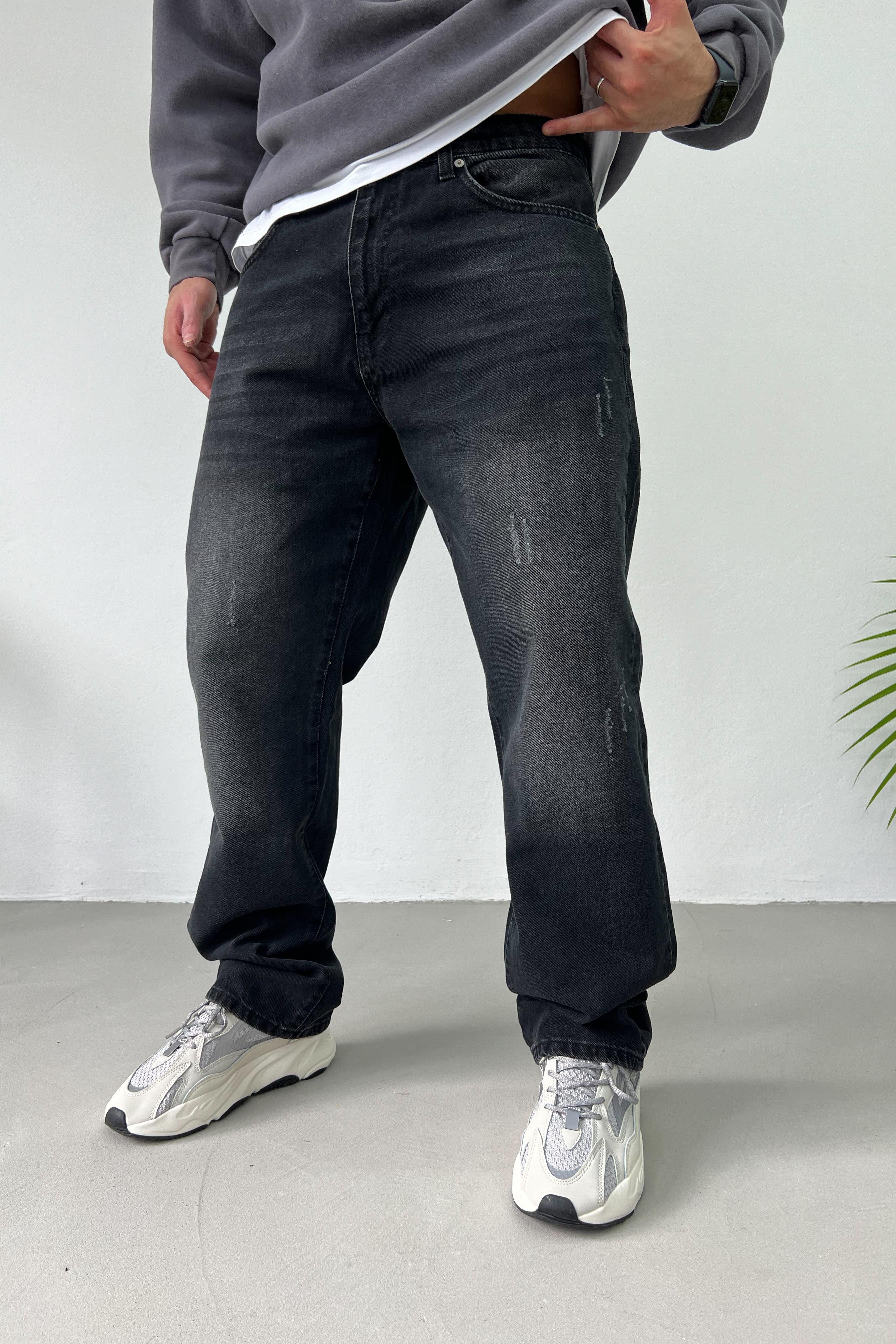 Yırtık Detaylı Taşlamalı Füme Baggy Pantolon 16583-3