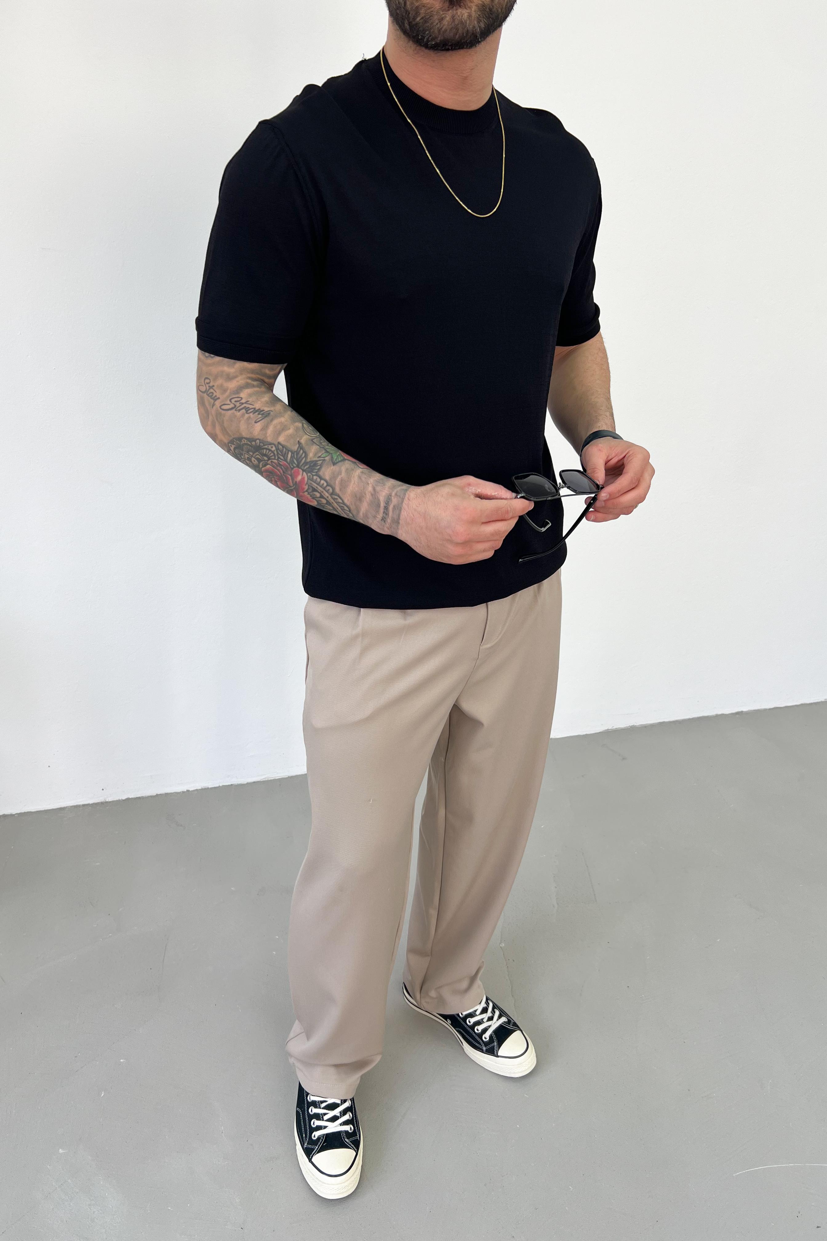 Örgü Desenli Bisiklet Yaka Triko Tshirt 6003