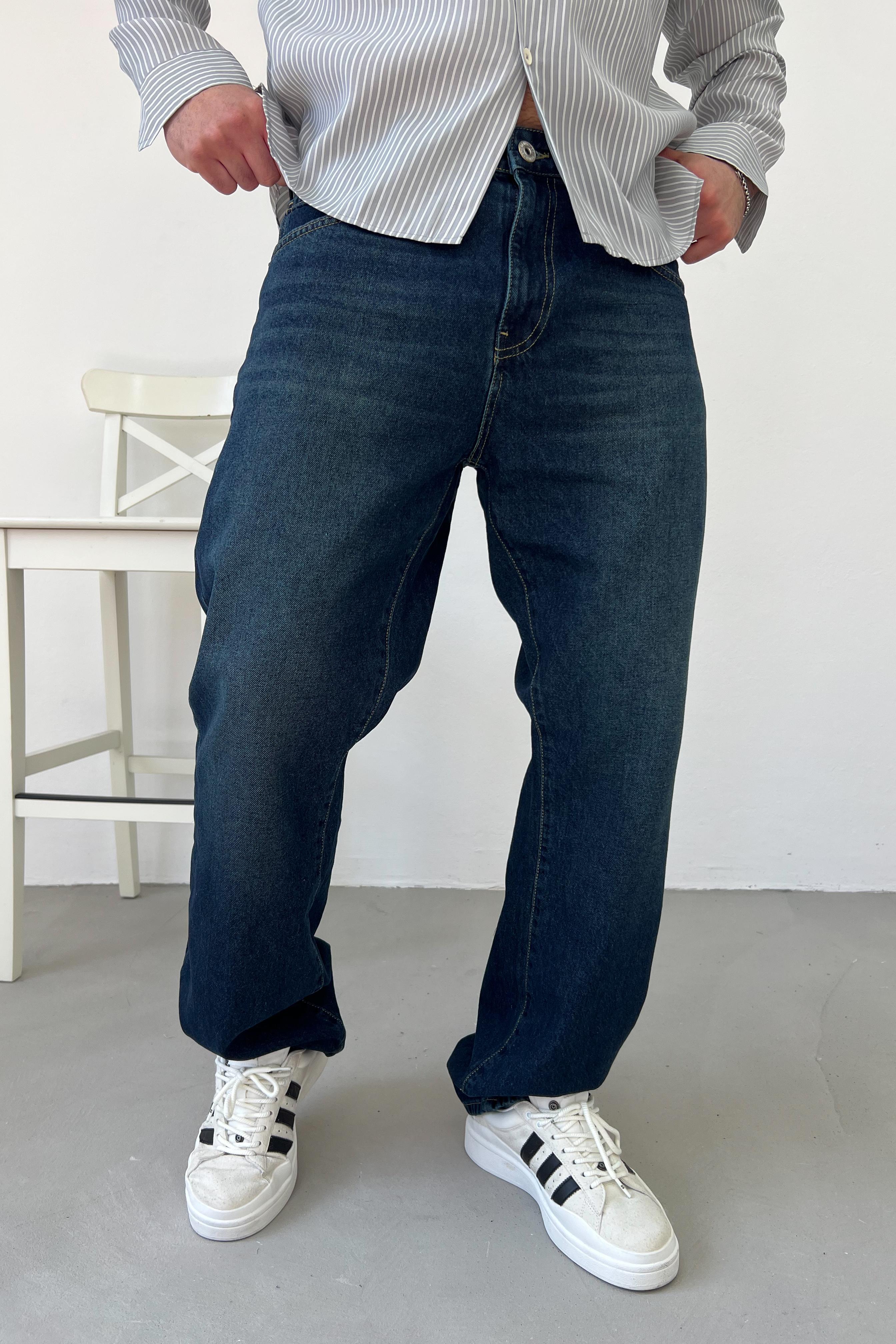 Taşlamalı Koyu Mavi Baggy Pantolon 16617-STD