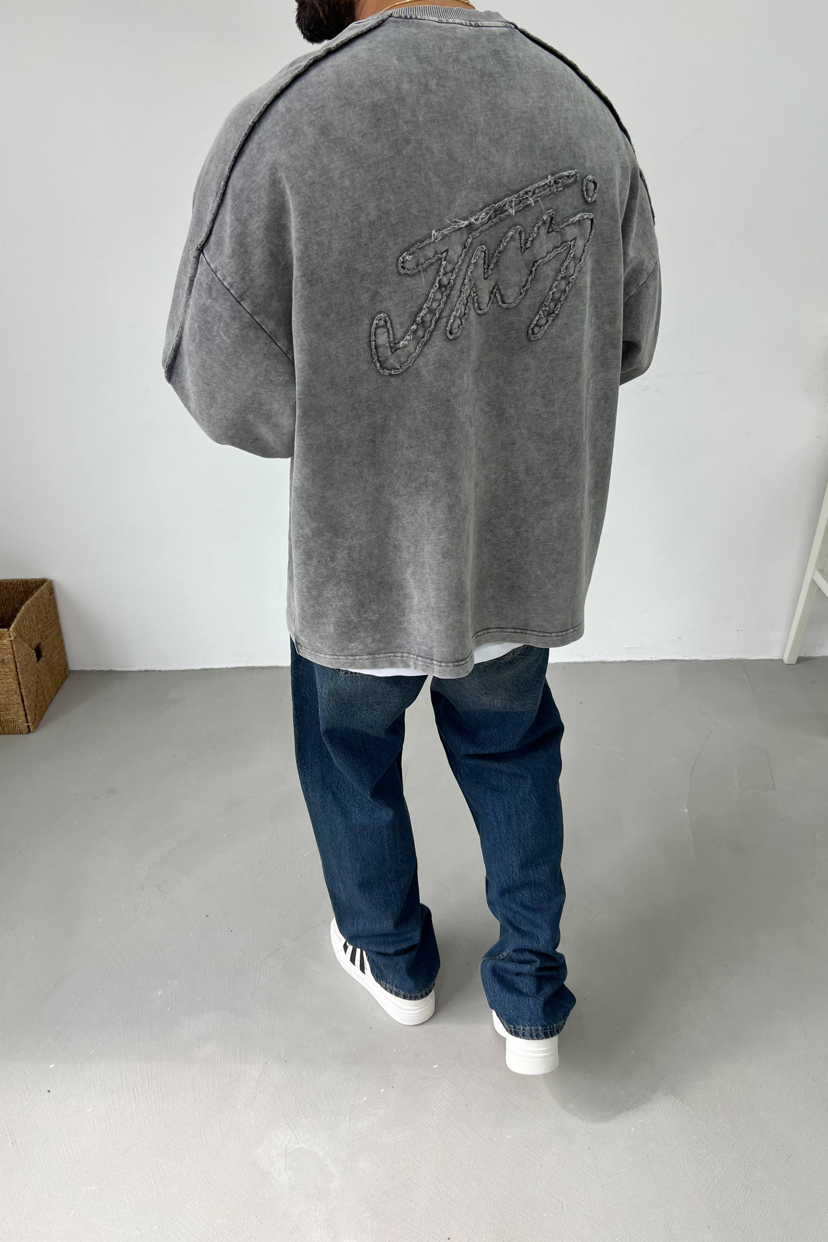 Jcy Dikiş Detaylı Yıkamalı Oversize Sweatshirt 26K113 - Antrasit