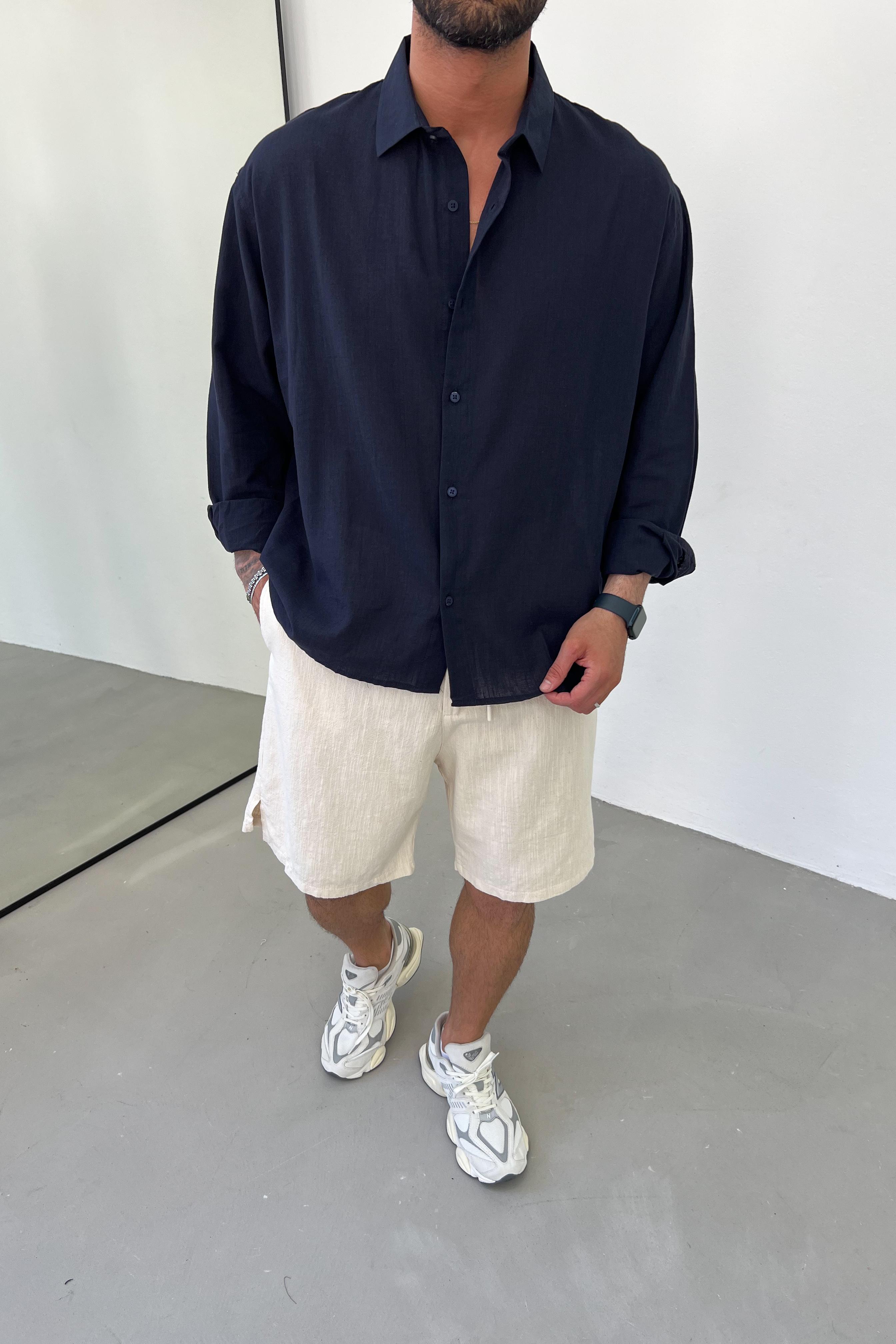 Oversize Basic Keten Gömlek E40-11 - Siyah
