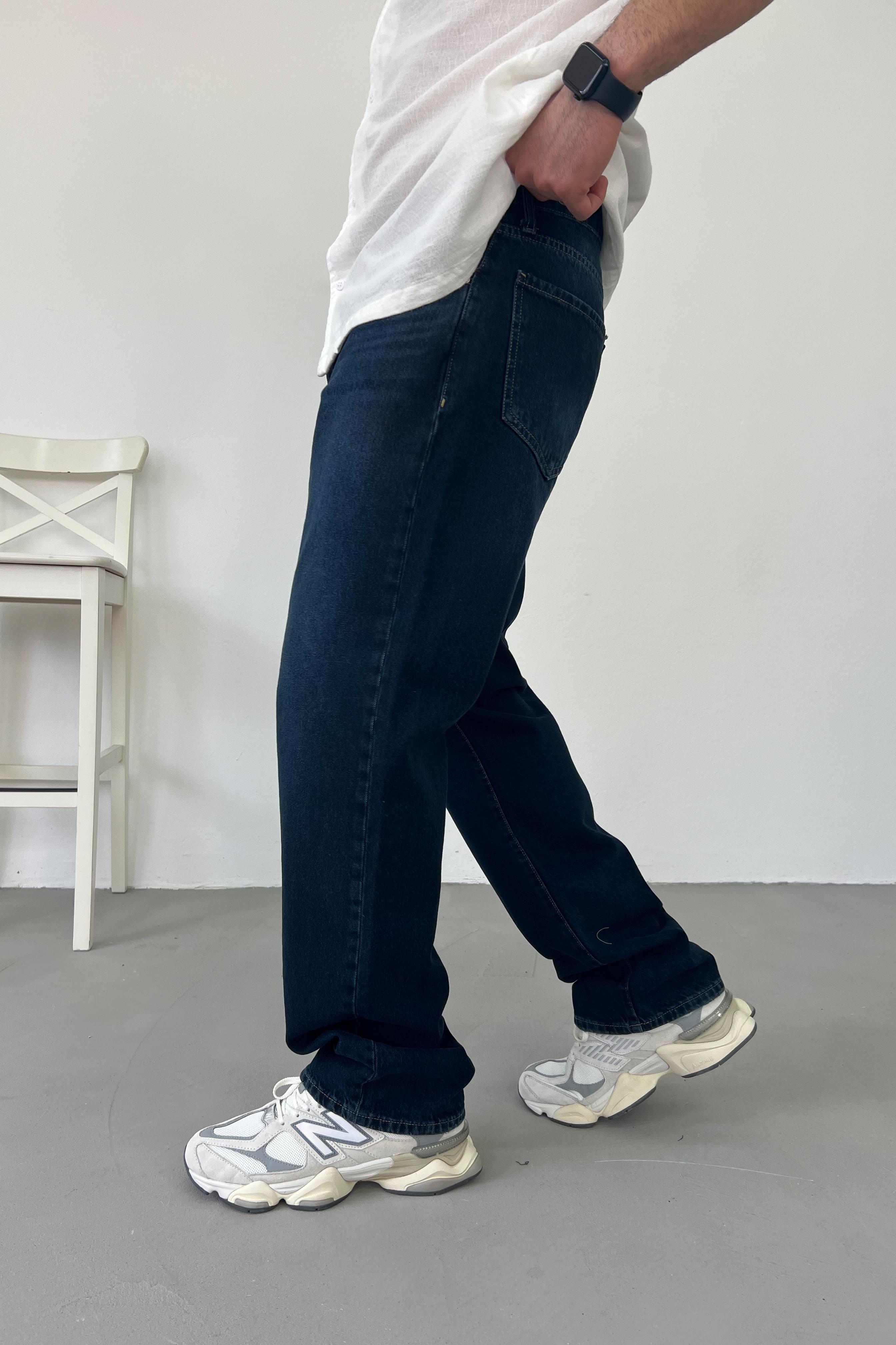 Taşlamalı Koyu Mavi Baggy Pantolon 16668-1