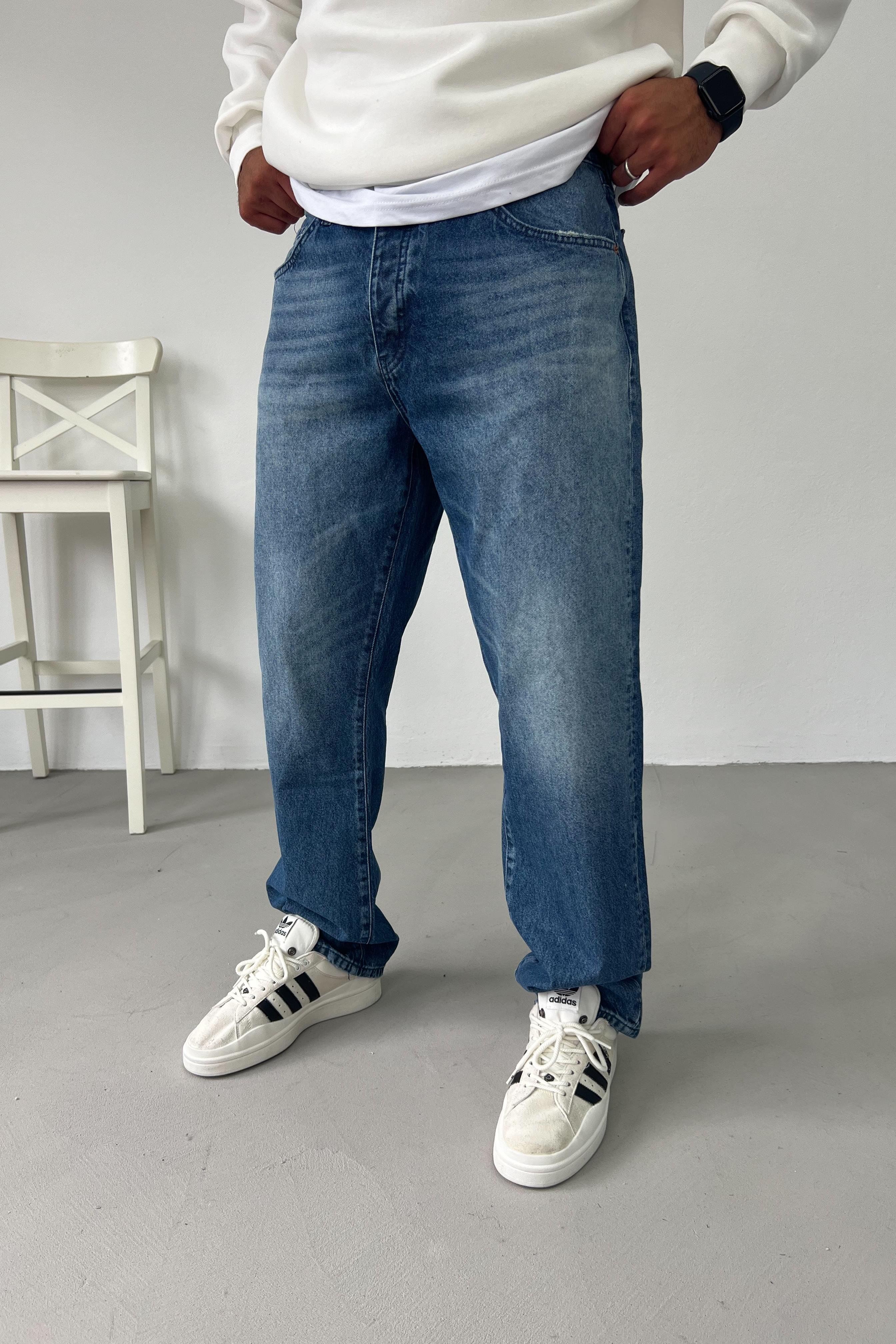 Taşlamalı Mavi Baggy Pantolon 16413-STD