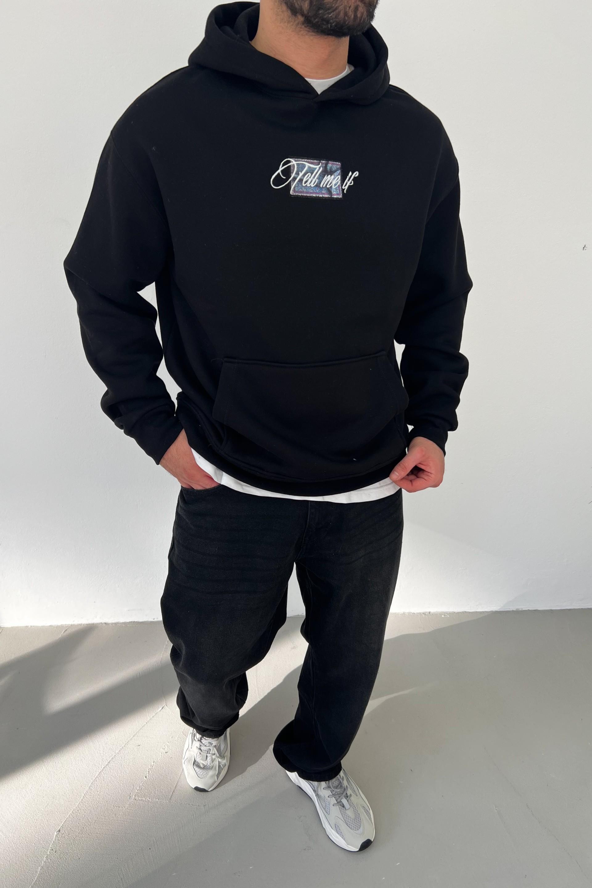 Tell Me Motifli Oversize Siyah Sweatshirt 1015