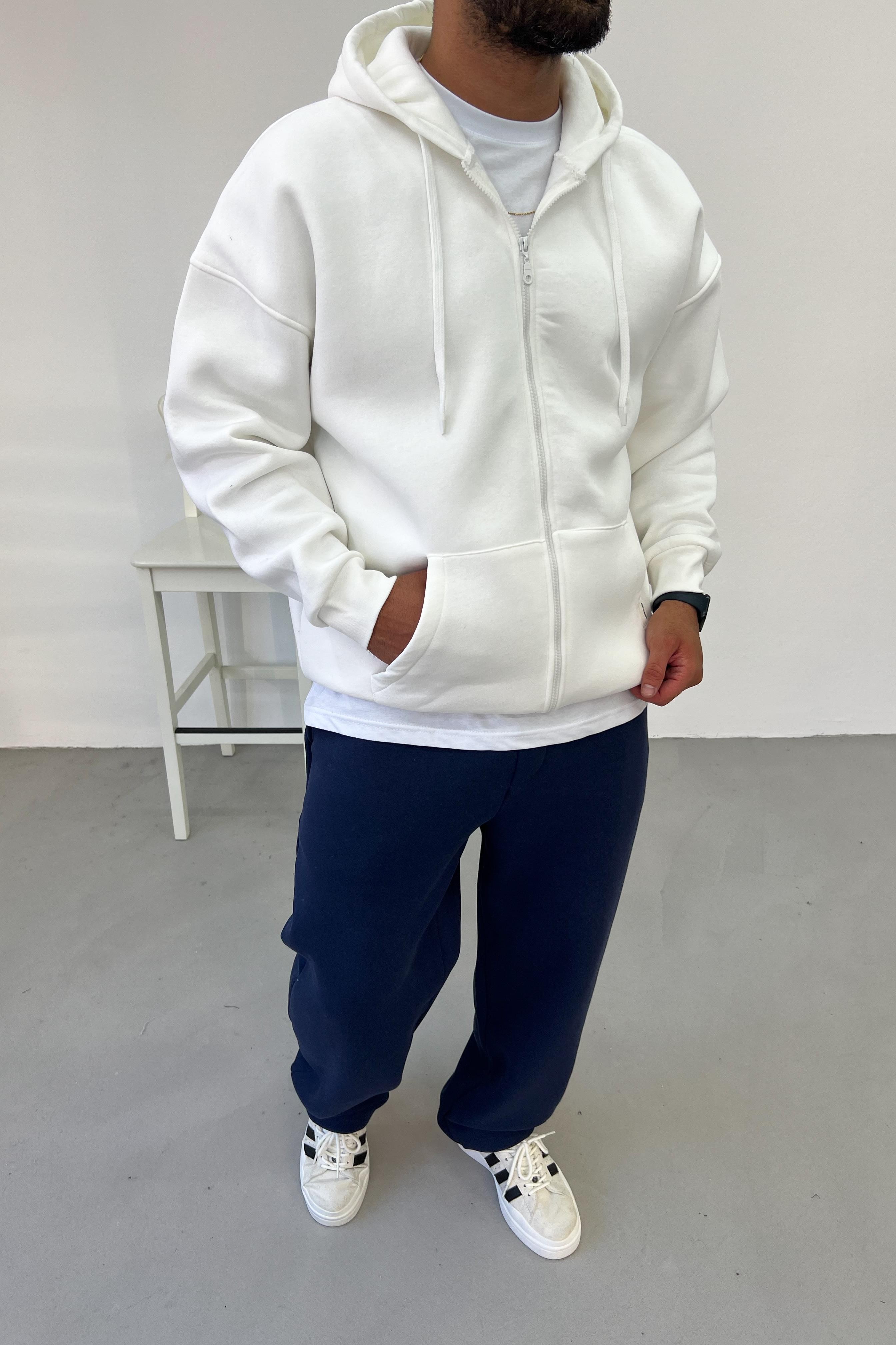 Fermuarlı Oversize Beyaz Basic Sweatshirt 1375