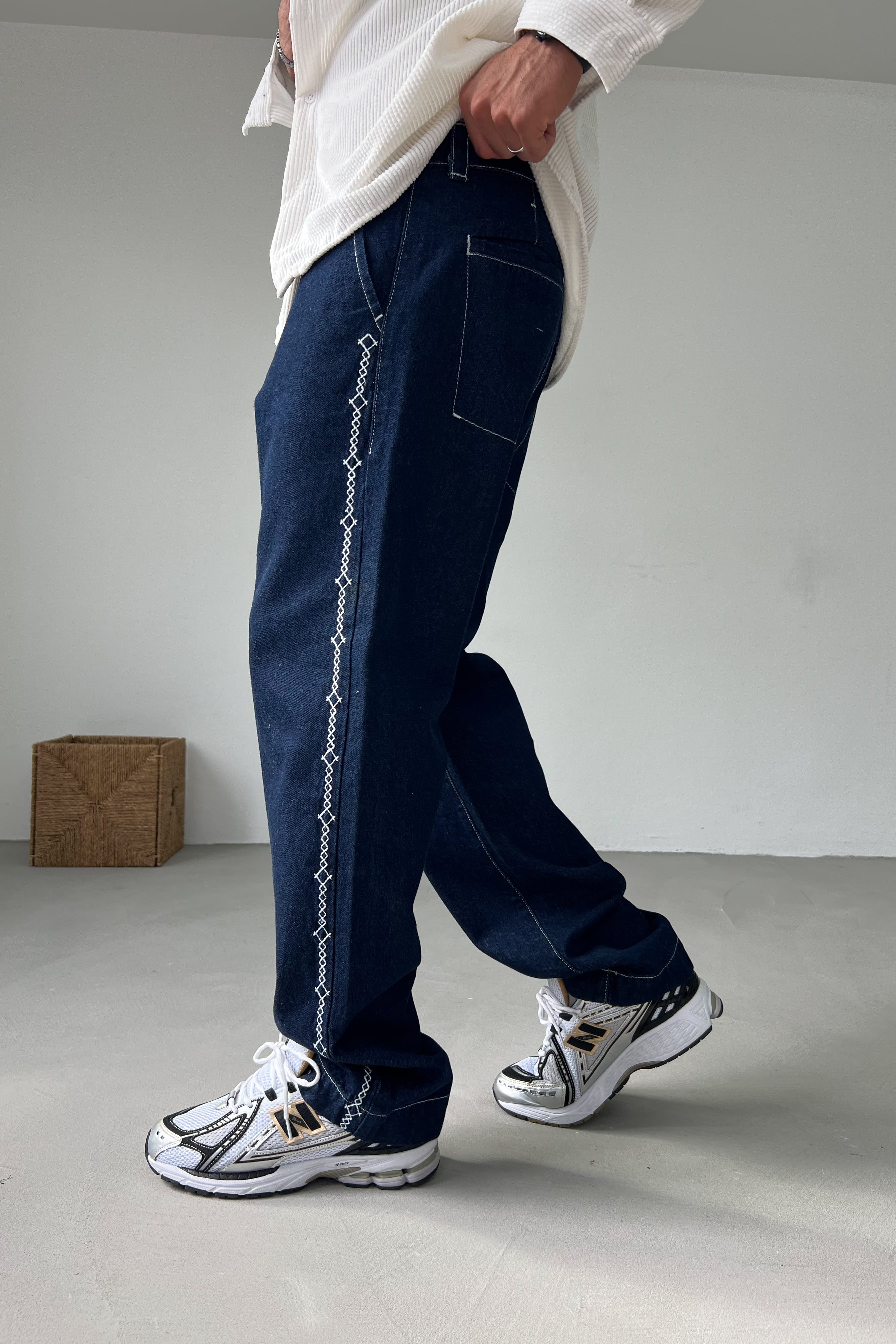 Nakış Desenli Lacivert Baggy Pantolon 3172