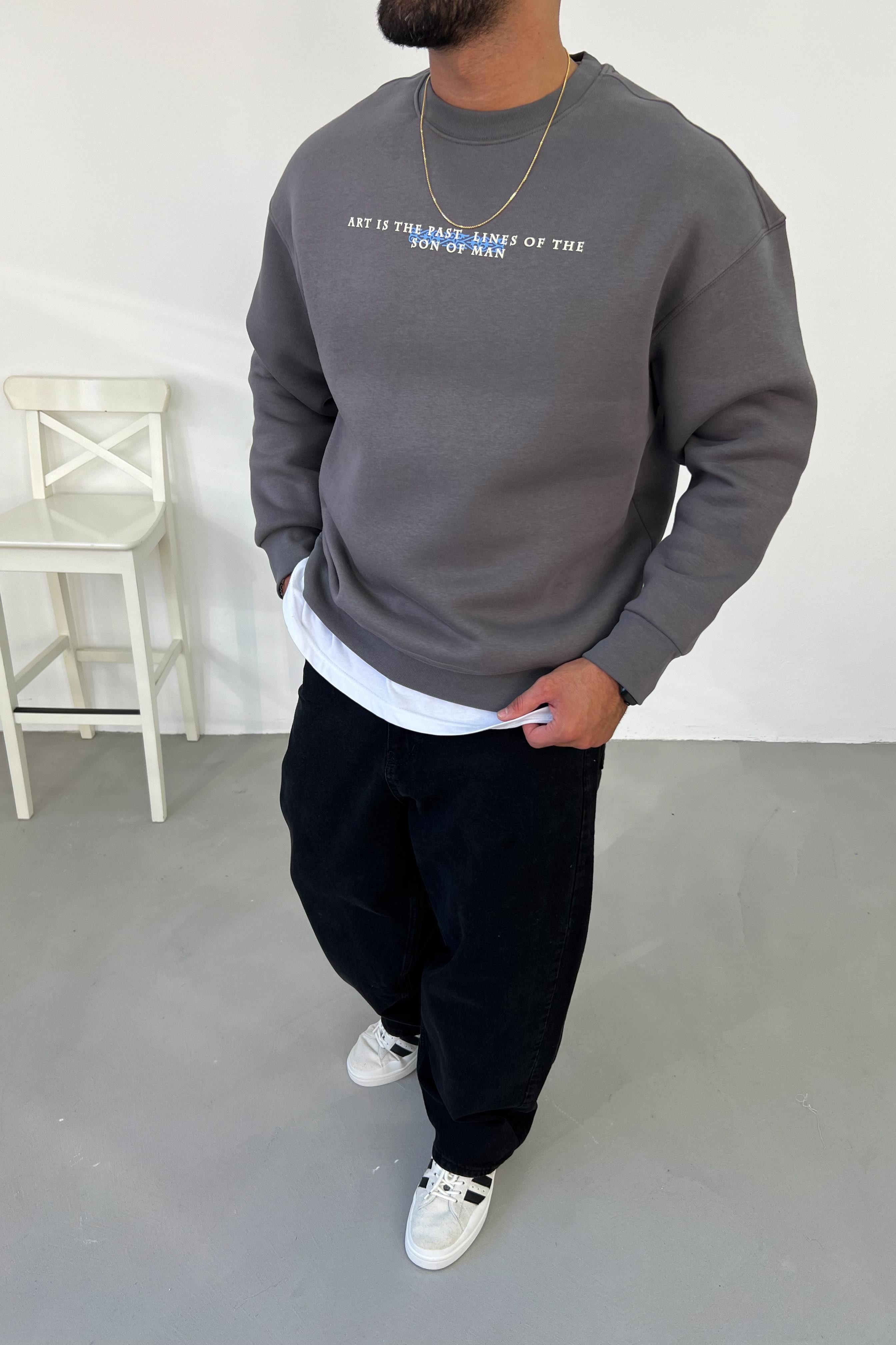 Past Lines Nakışlı Gri Oversize Sweatshirt 1523