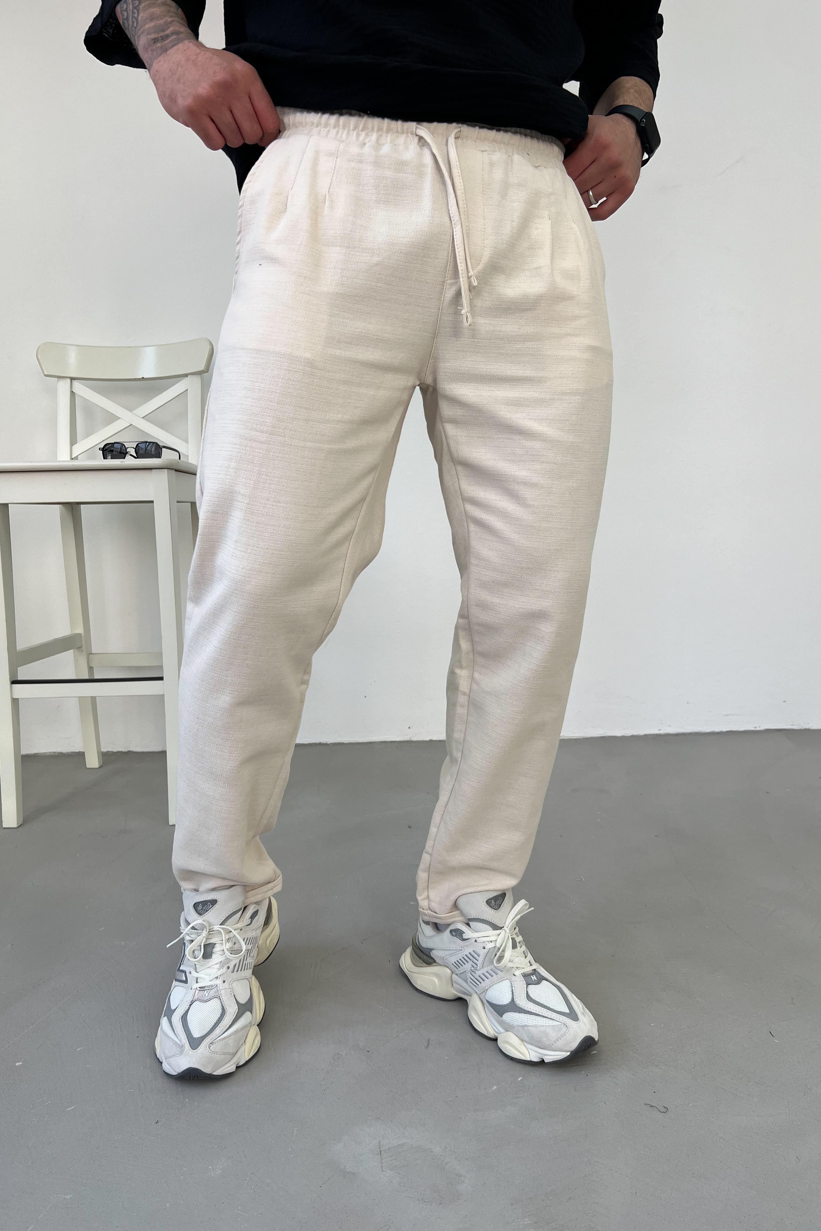 Duble Paça Pileli Keten Pantolon 0010 - Bej