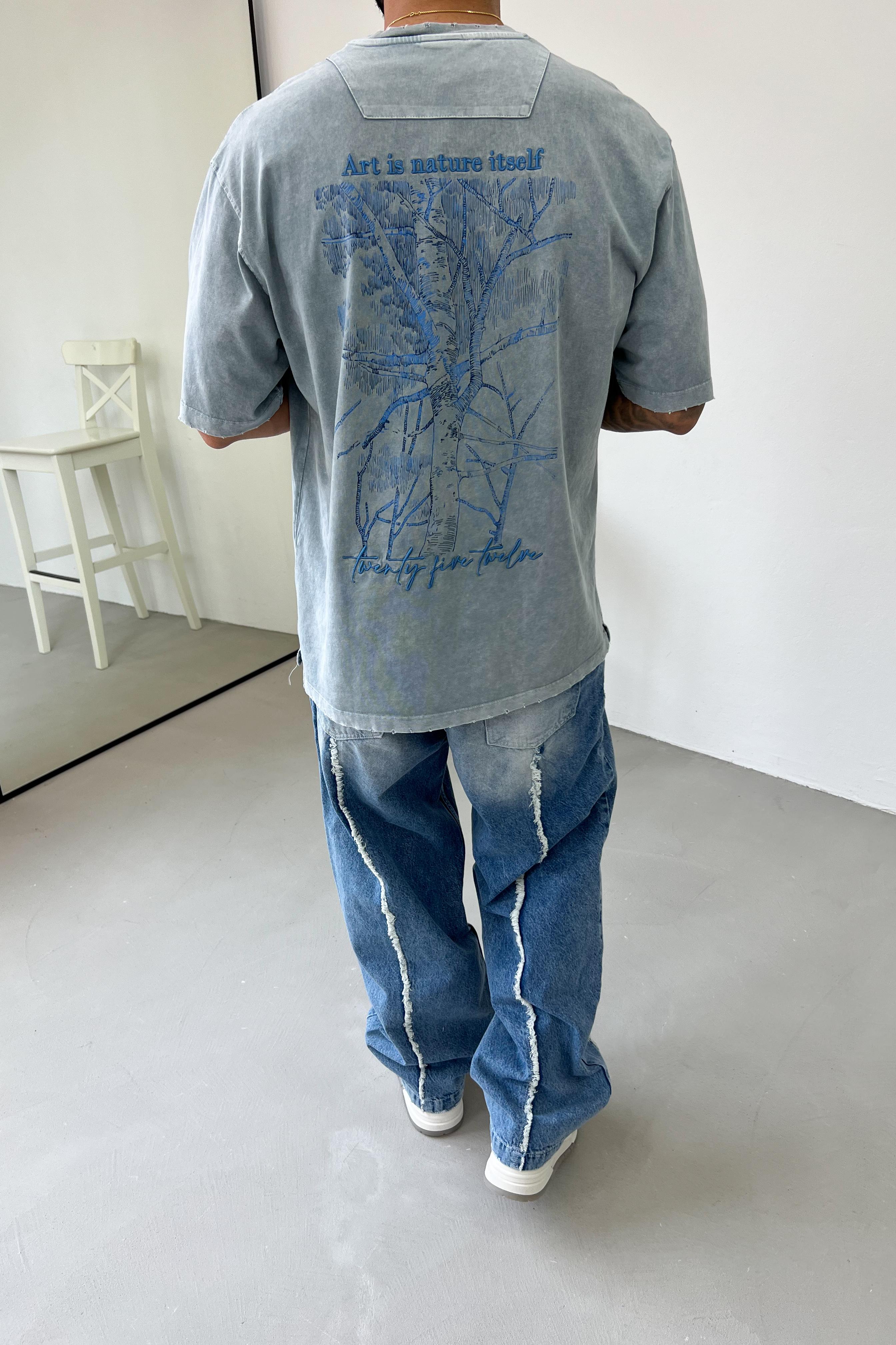 El Çizim Desenli Yıkamalı Oversize Tshirt 1176 - Gri