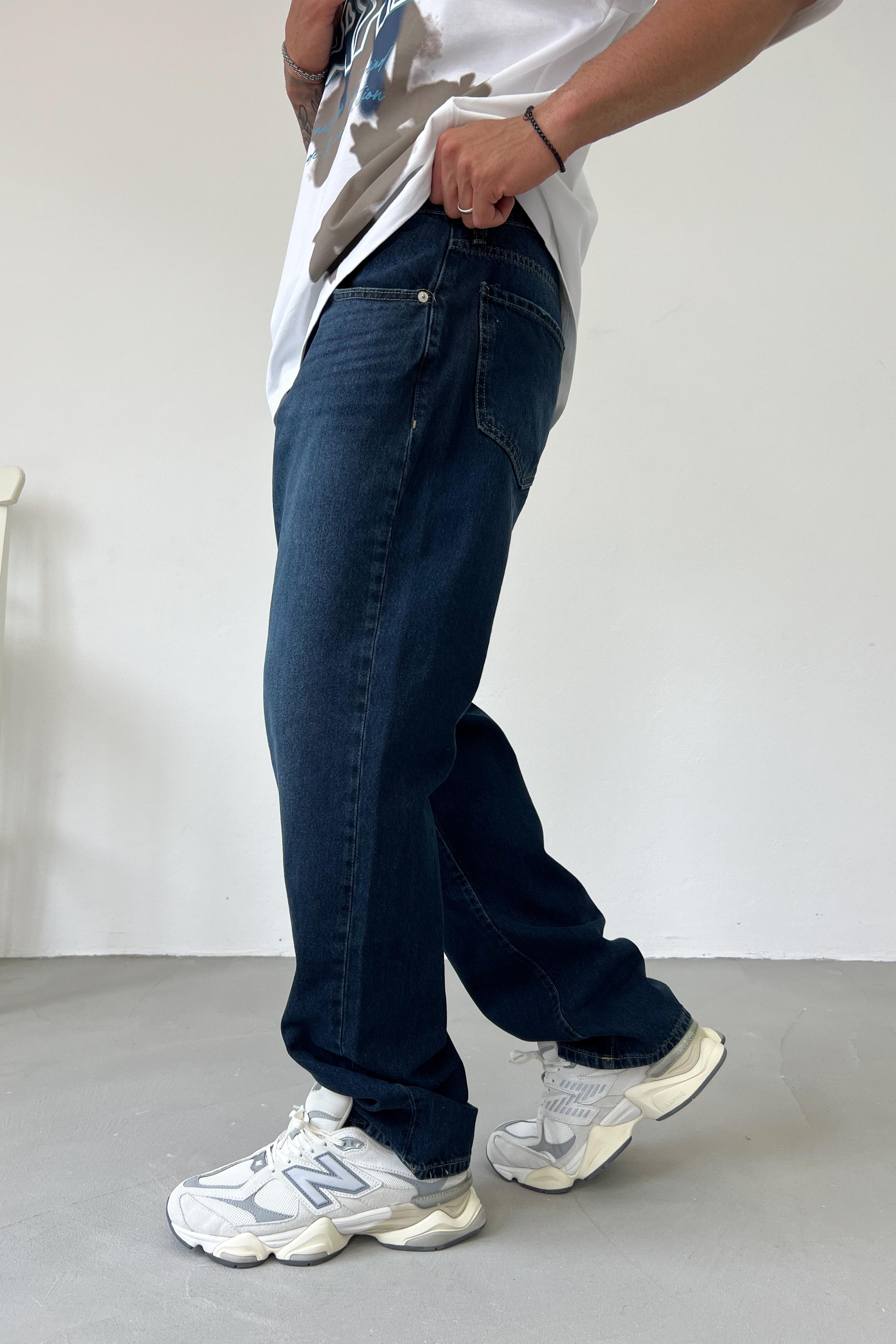 Taşlamalı Koyu Mavi Baggy Pantolon 16668-1