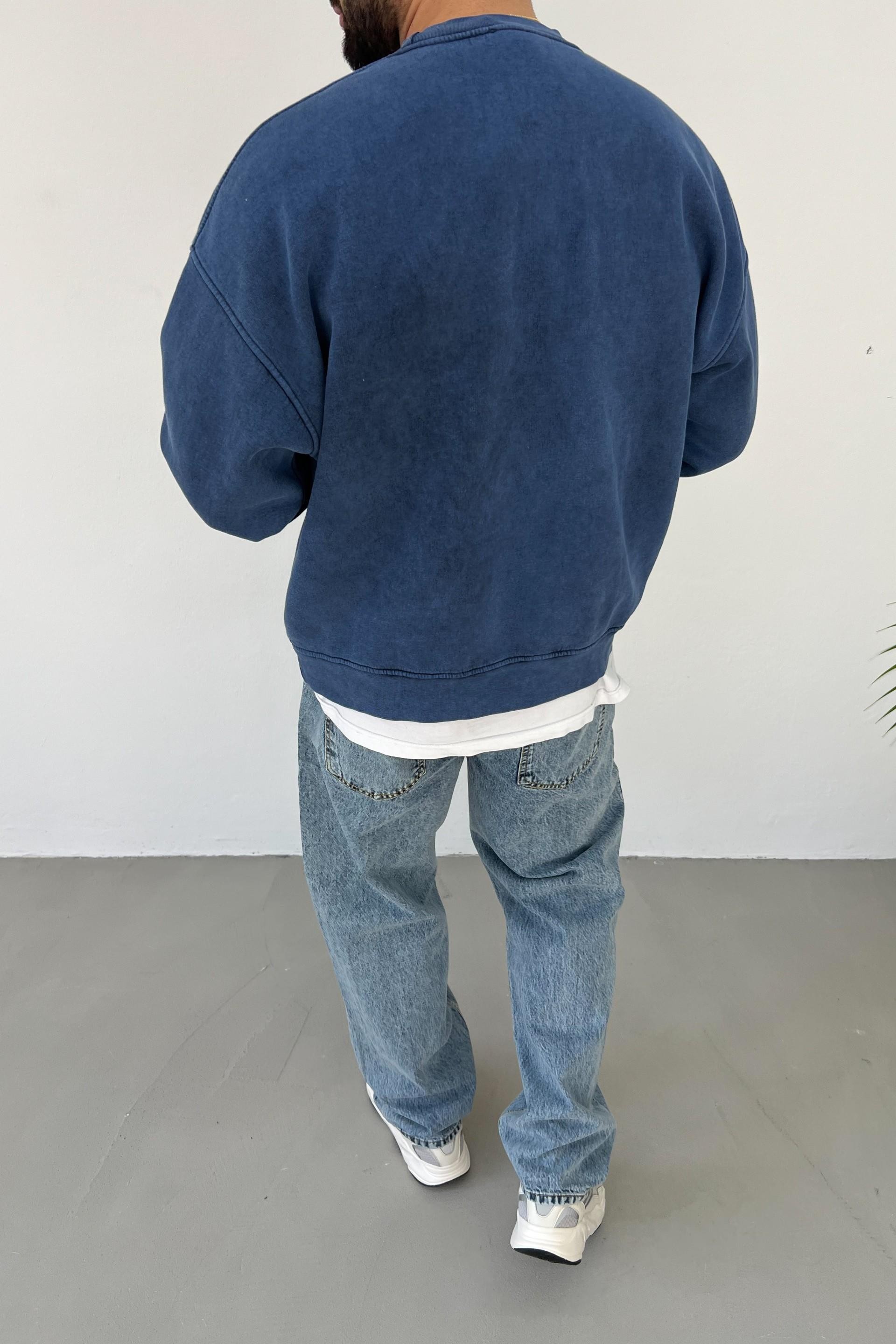 Yıkamalı Everlast Baskılı Mavi Oversize Sweatshirt 211