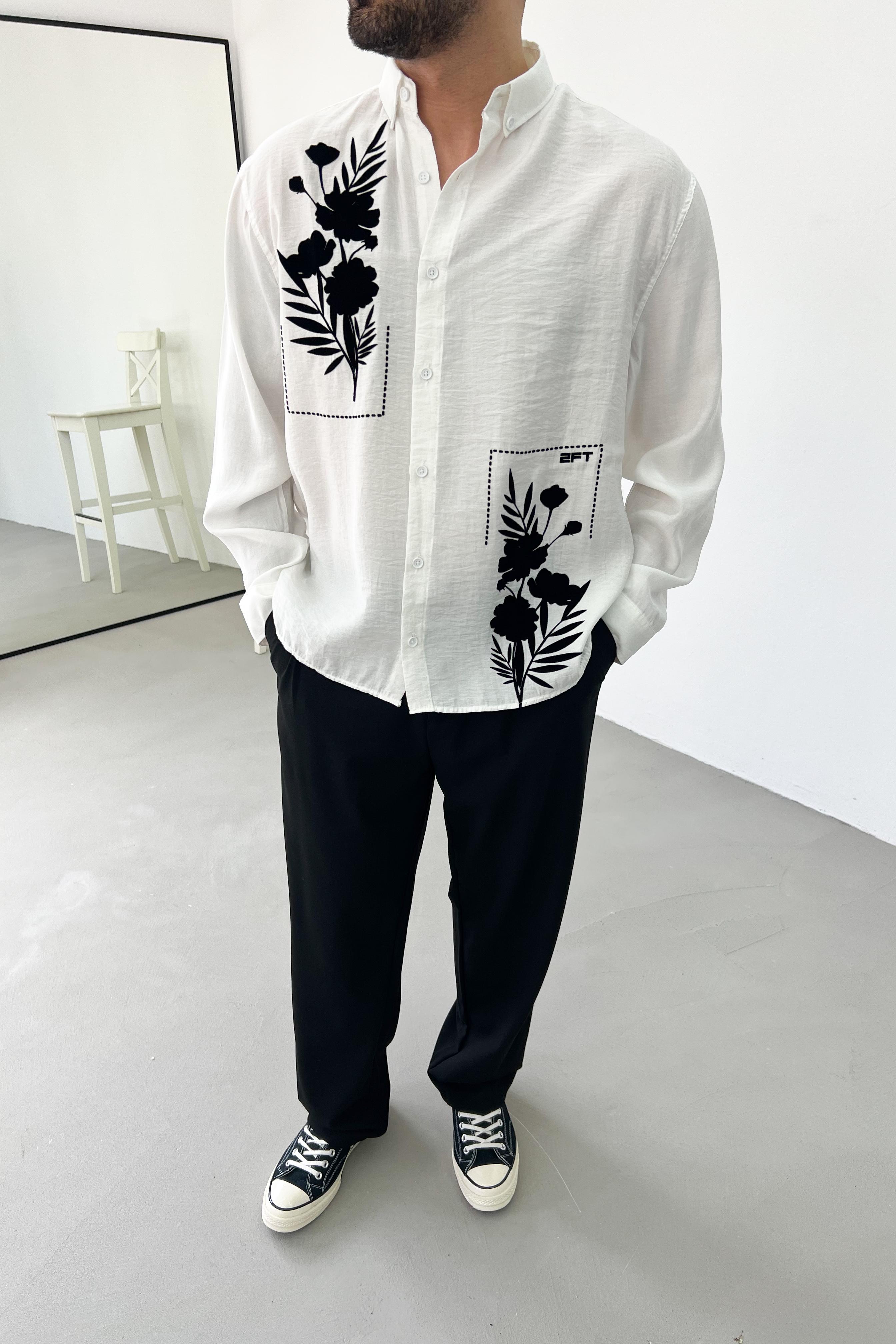 Flok Baskılı Oversize Gömlek 1110 - Beyaz