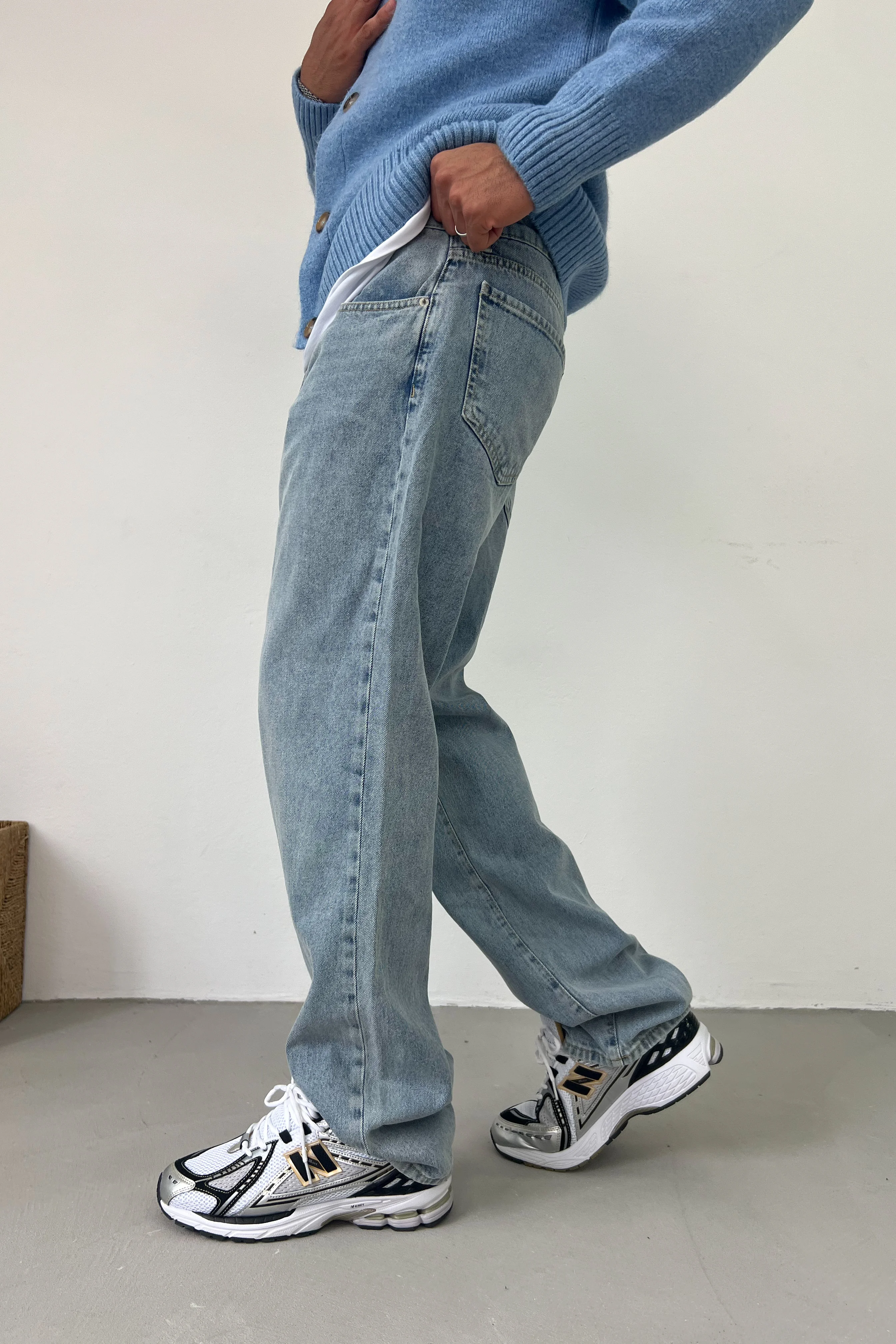 Taşlamalı Mavi Baggy Pantolon 16851-3