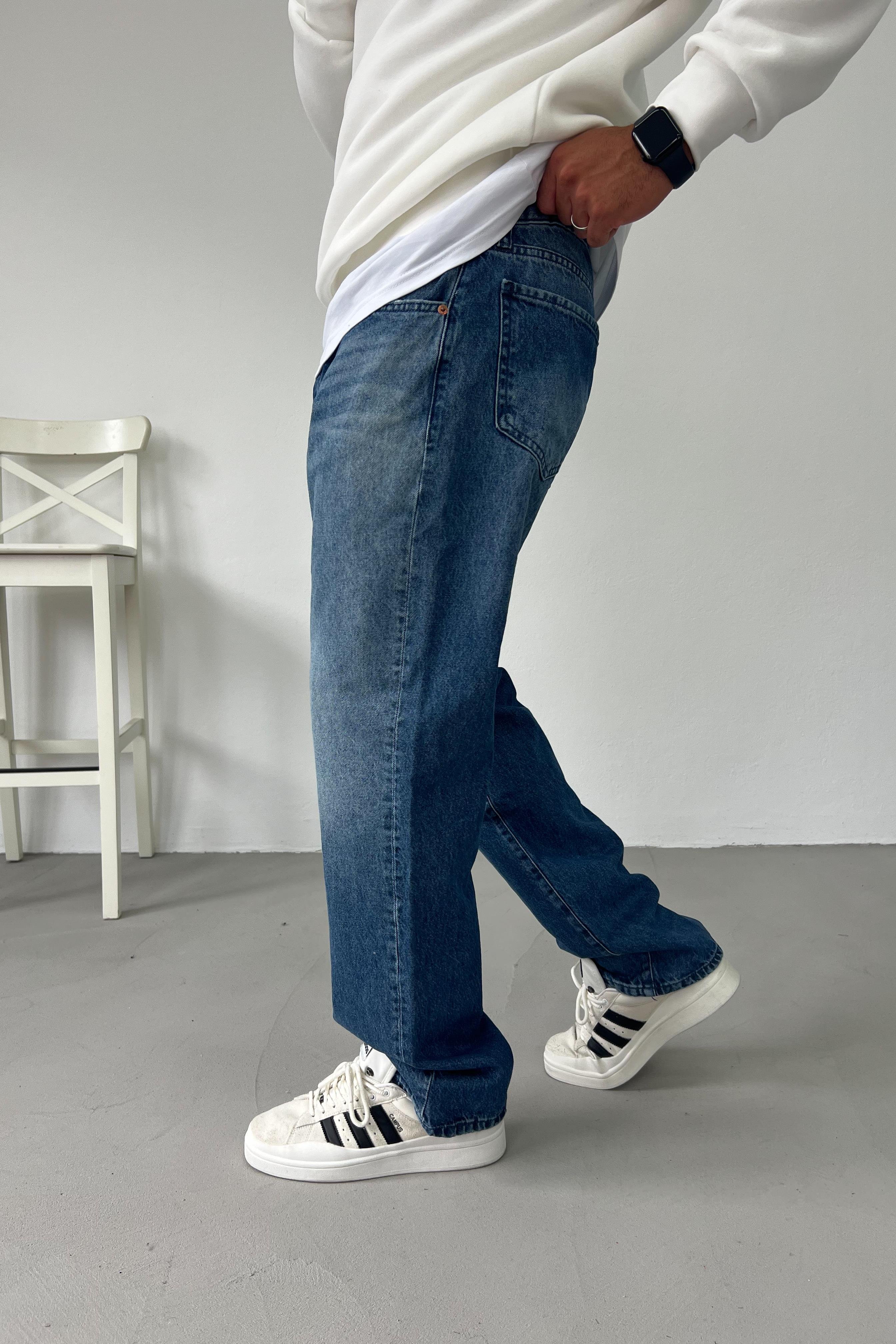 Taşlamalı Mavi Baggy Pantolon 16413-STD