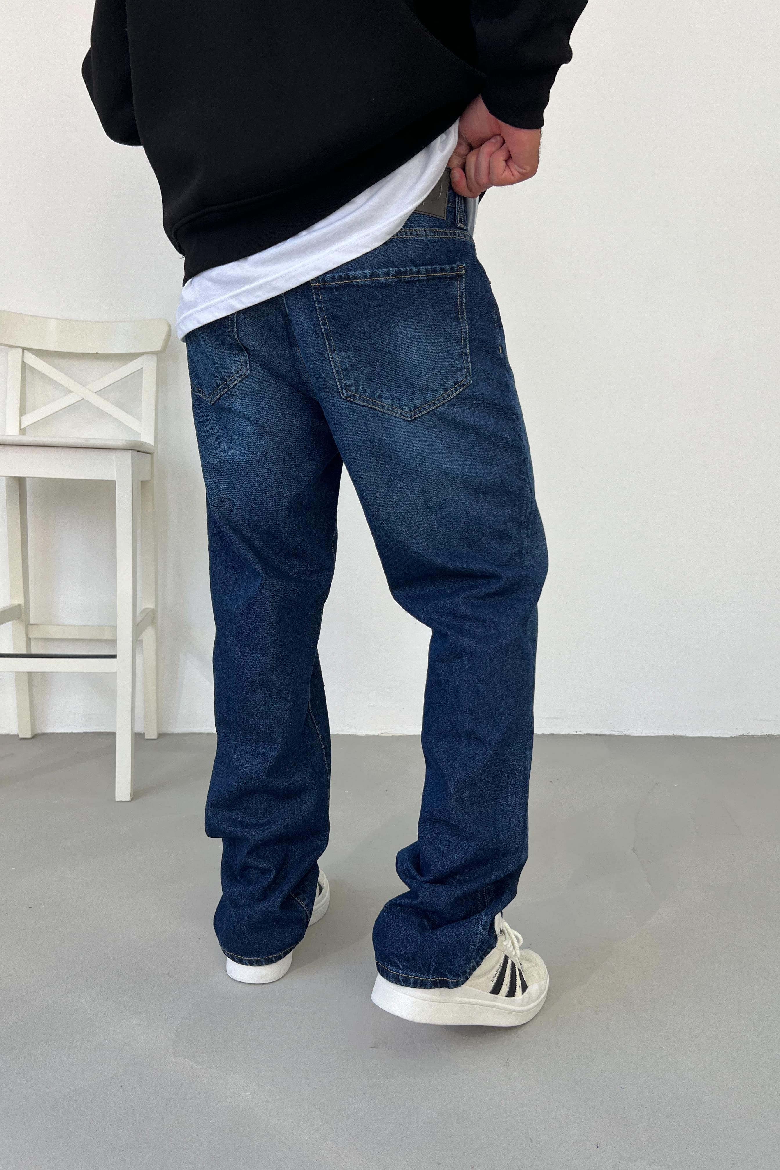 Taşlamalı Koyu Mavi Baggy Pantolon 16429-3