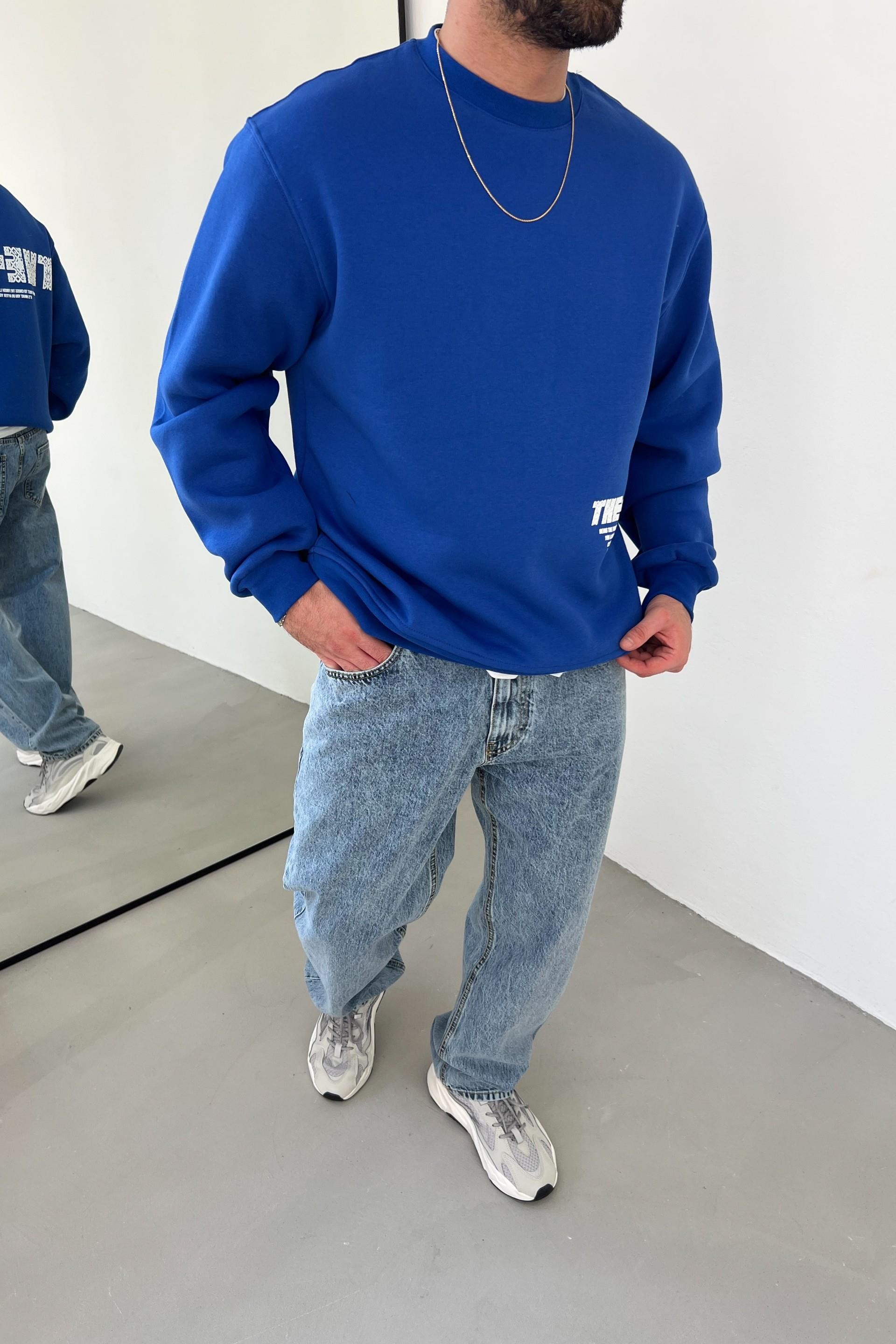 The Line Baskılı Oversize Saks Mavi Sweatshirt 1009