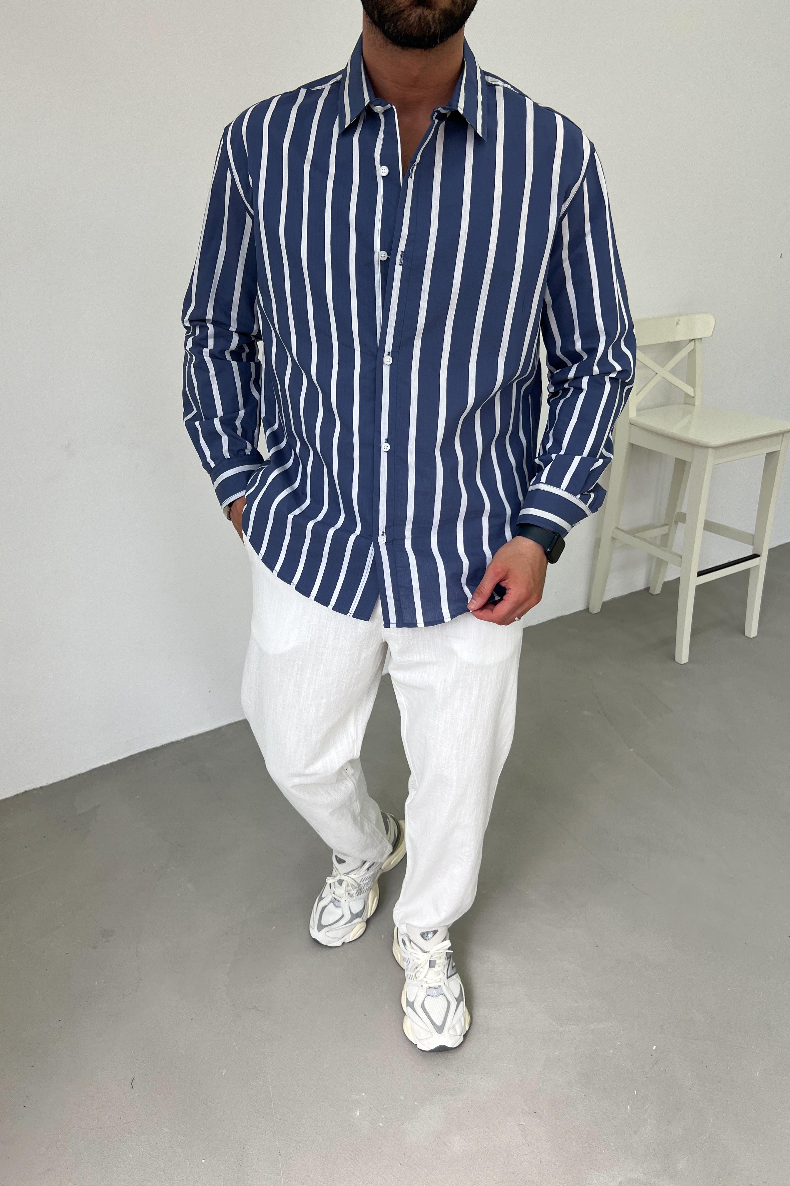 Çizgili Oversize Gömlek E40-29 - Mavi