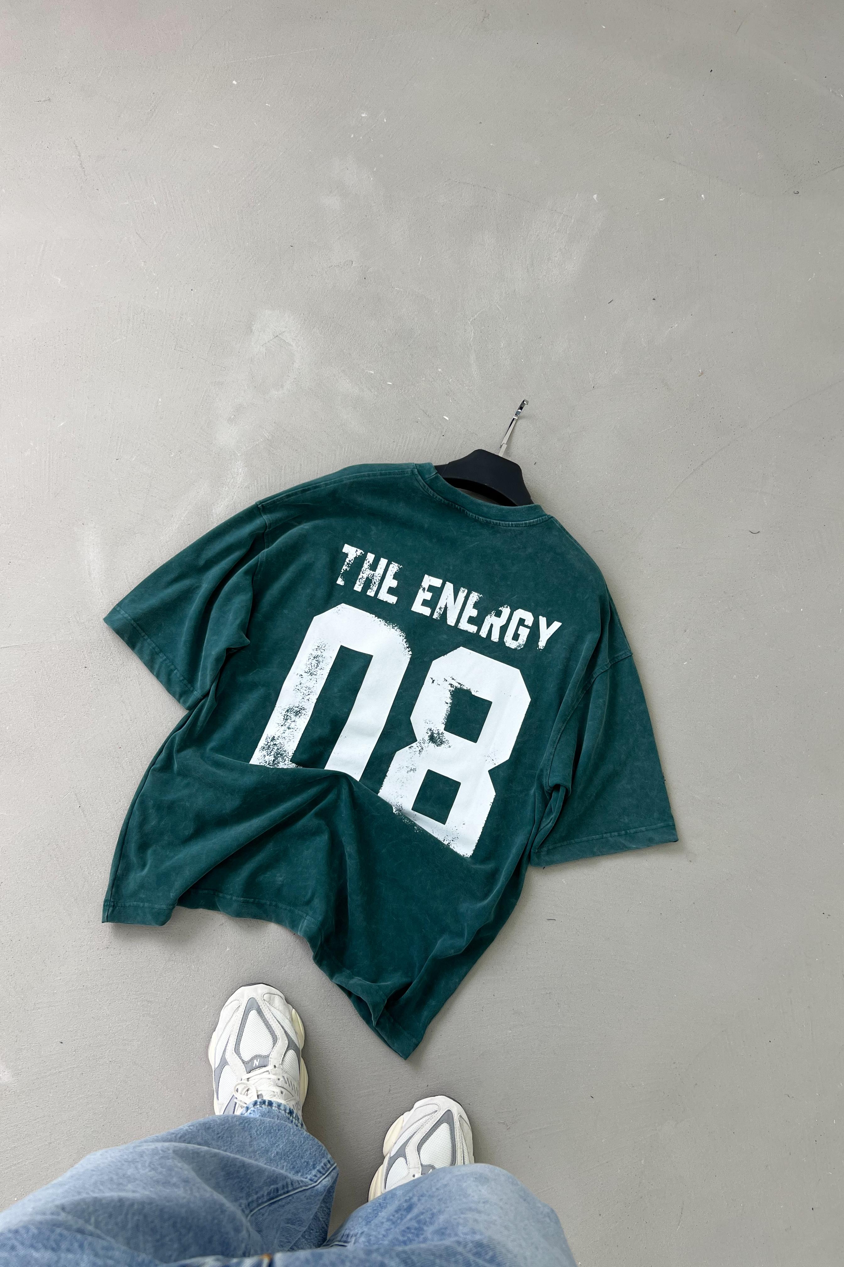 08 Energy Baskılı Yıkamalı Oversize Tshirt 71-28 - Koyu Yeşil