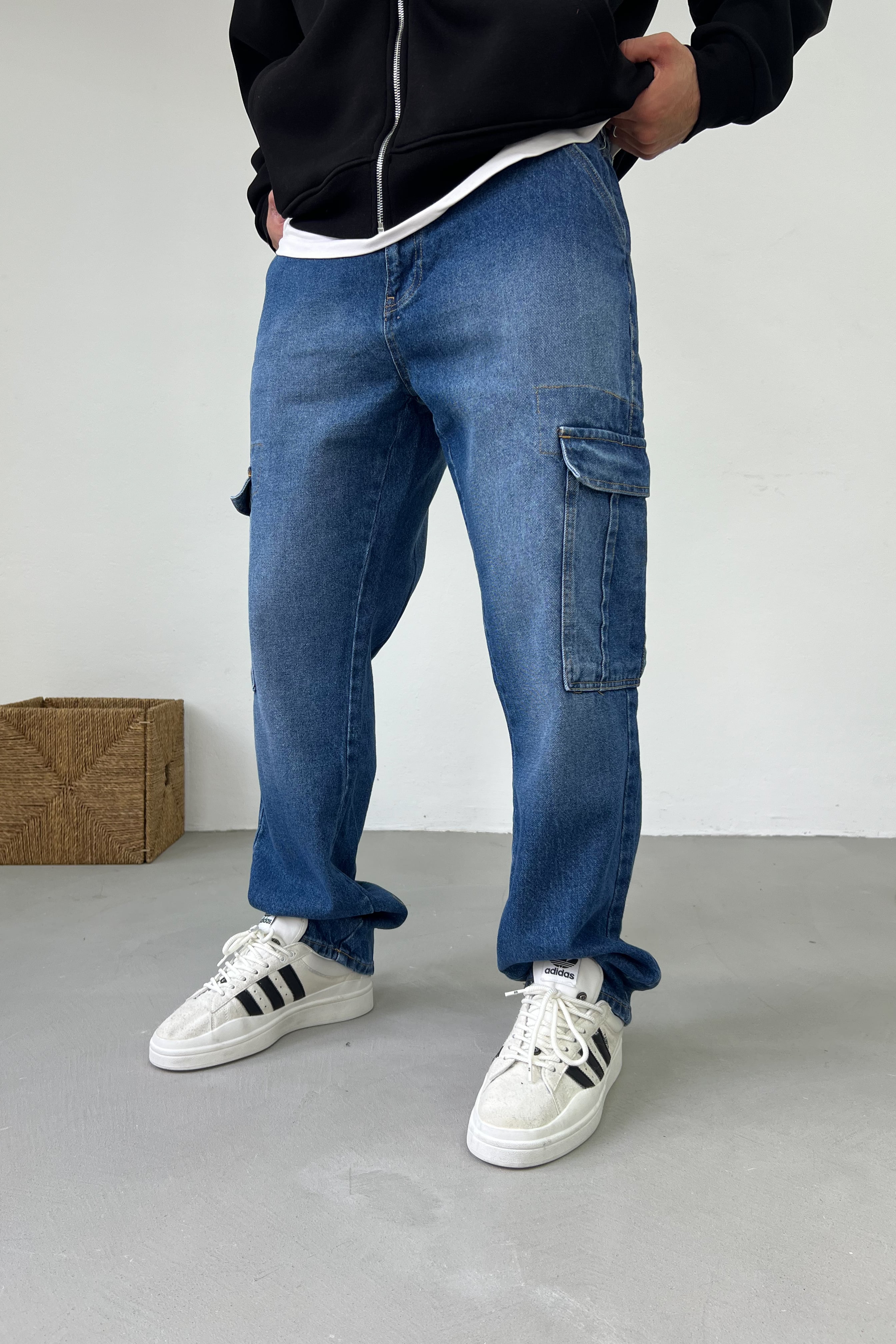 Taşlamalı Mavi Kargo Baggy Pantolon 16796-2