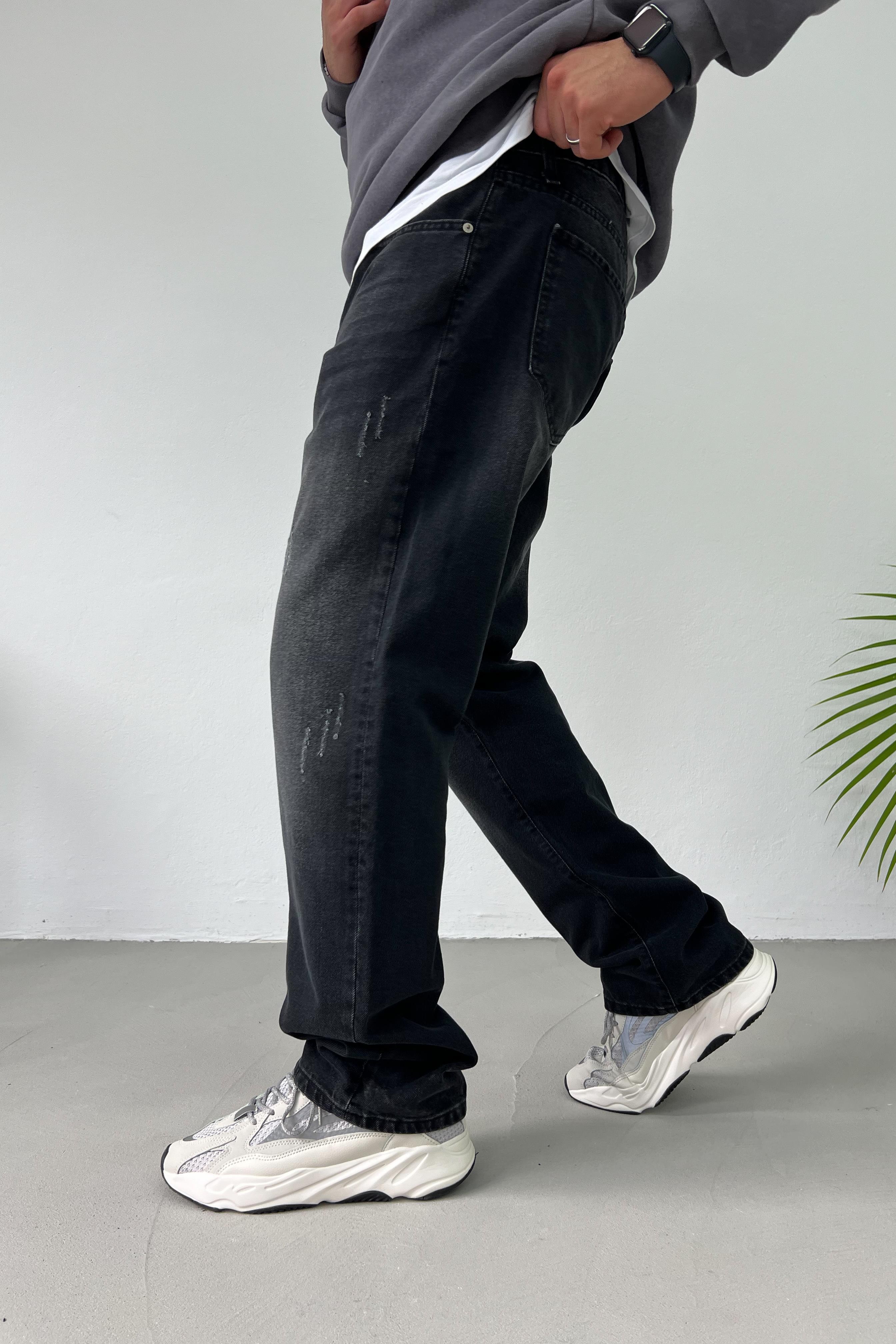 Yırtık Detaylı Taşlamalı Füme Baggy Pantolon 16583-3