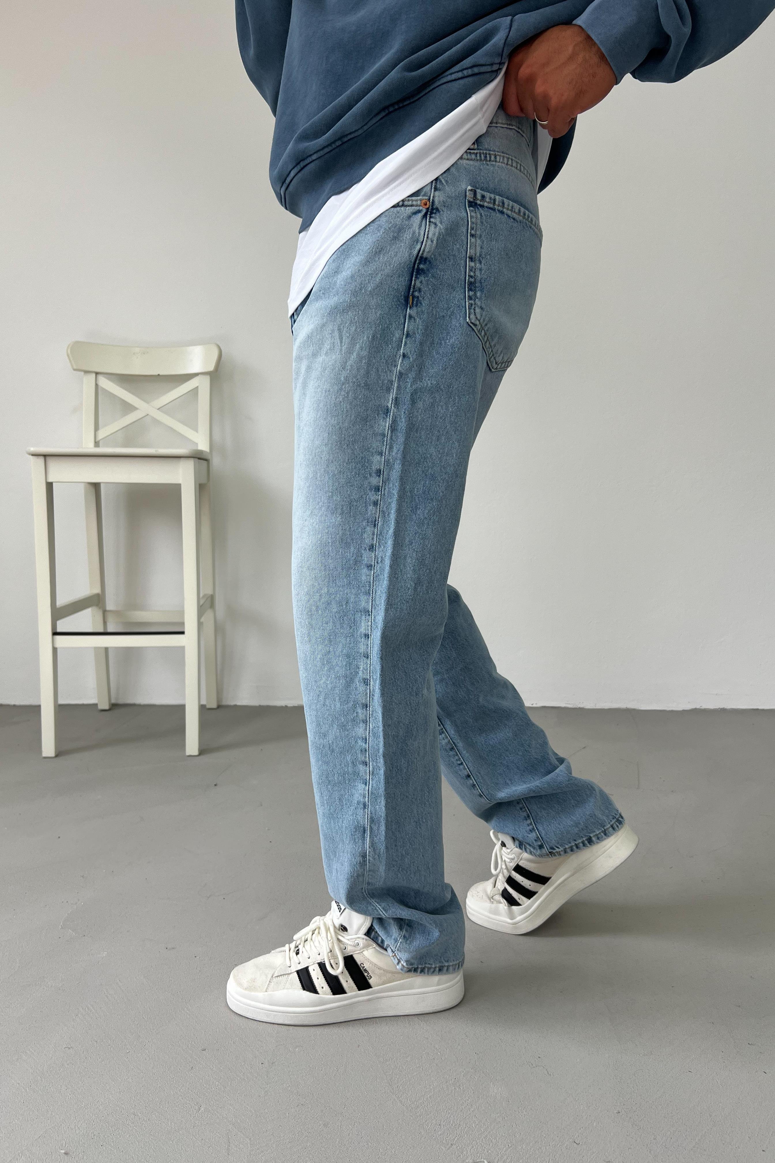 Taşlamalı Buz Mavi Baggy Pantolon 16431-4