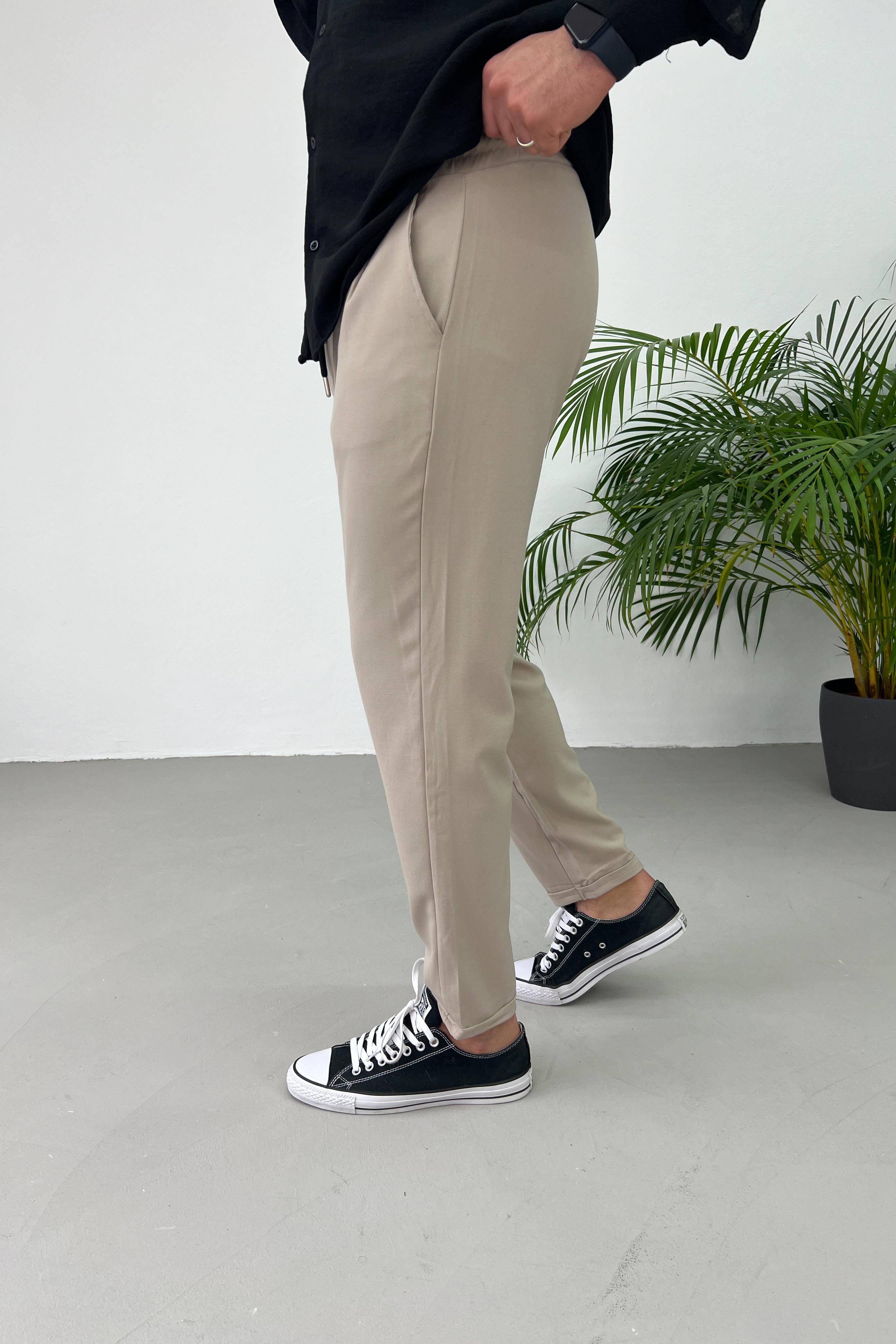 Pileli Duble Paça Bej Jogger Pantolon 0099