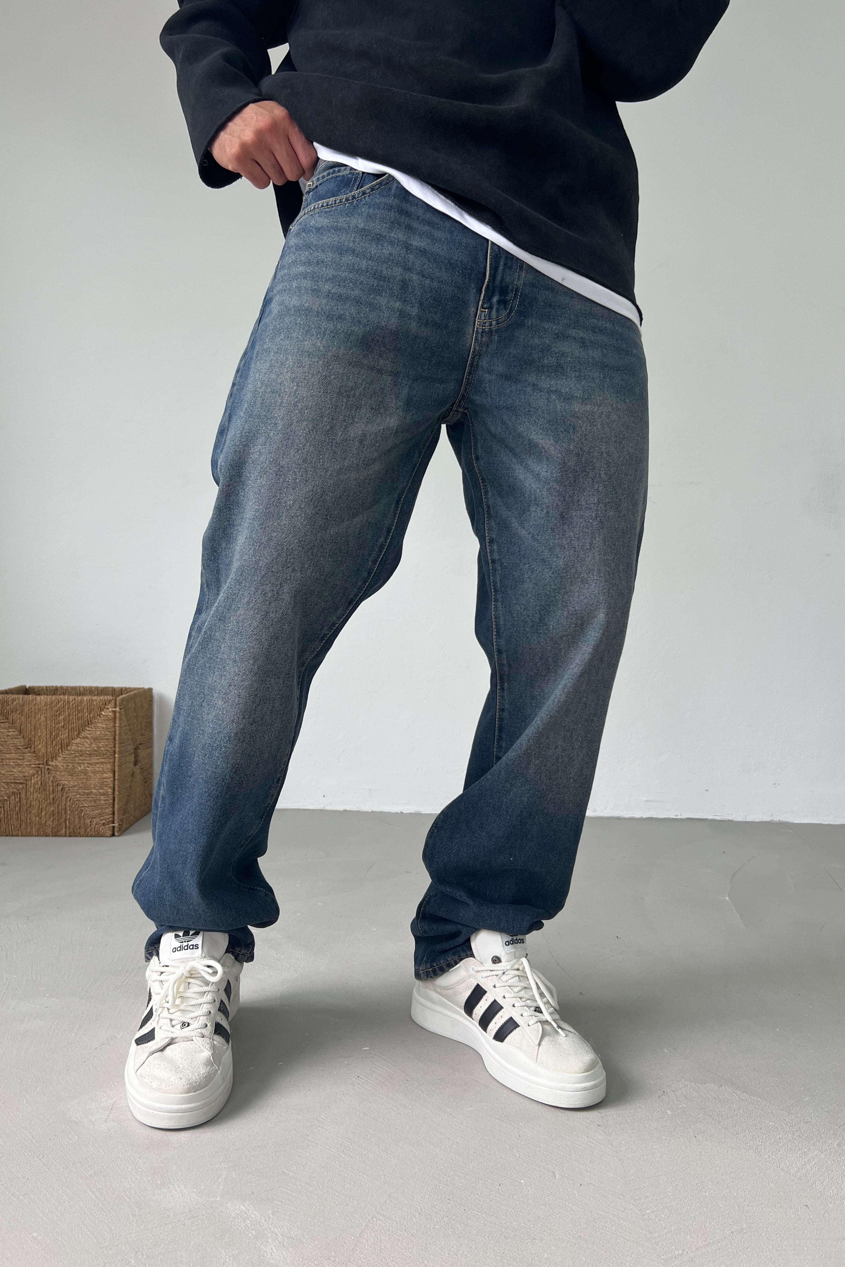 Taşlamalı Koyu Mavi Baggy Pantolon 16902-2