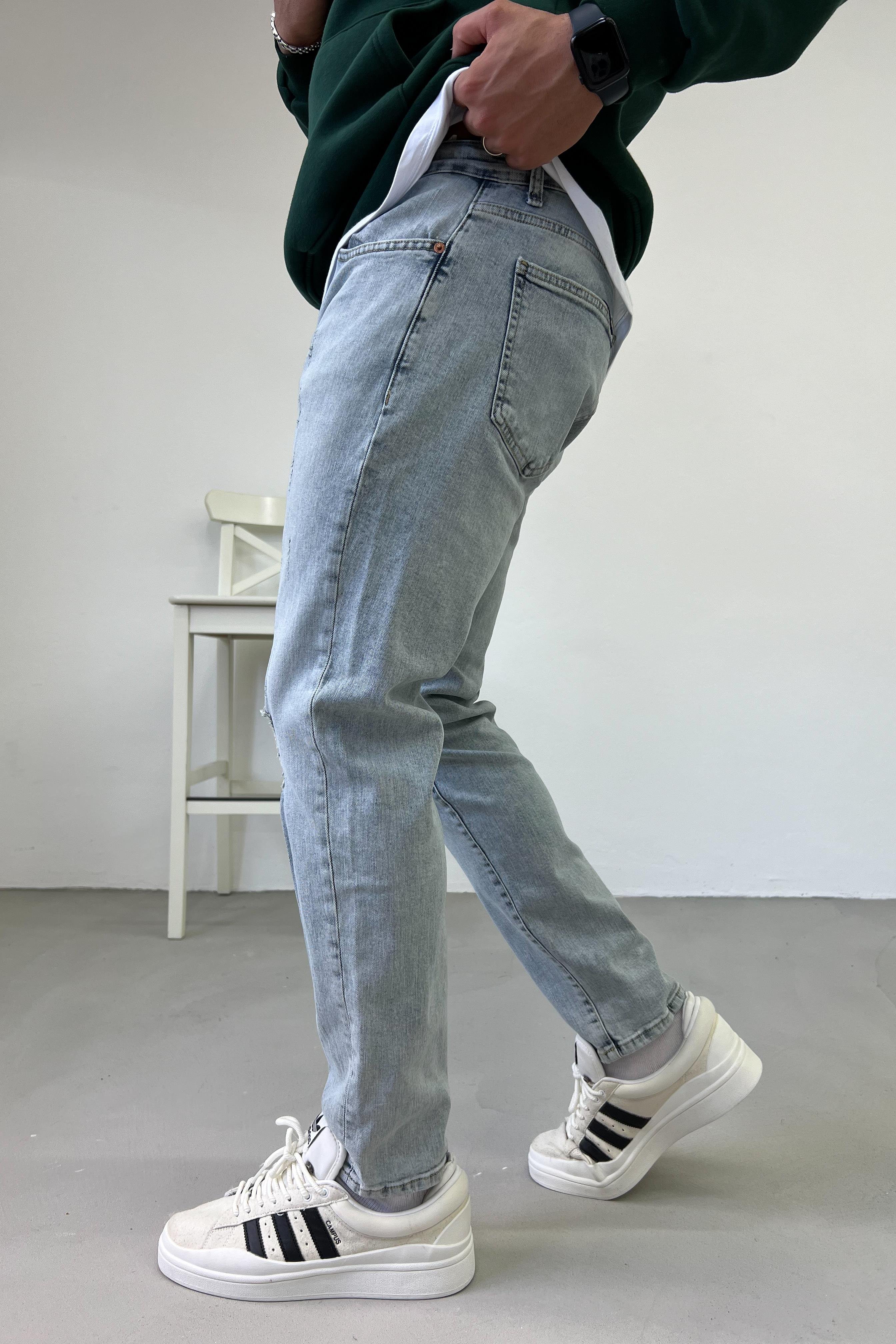 Yırtık Detaylı Buz Mavi Boyfriend Pantolon 15993-1