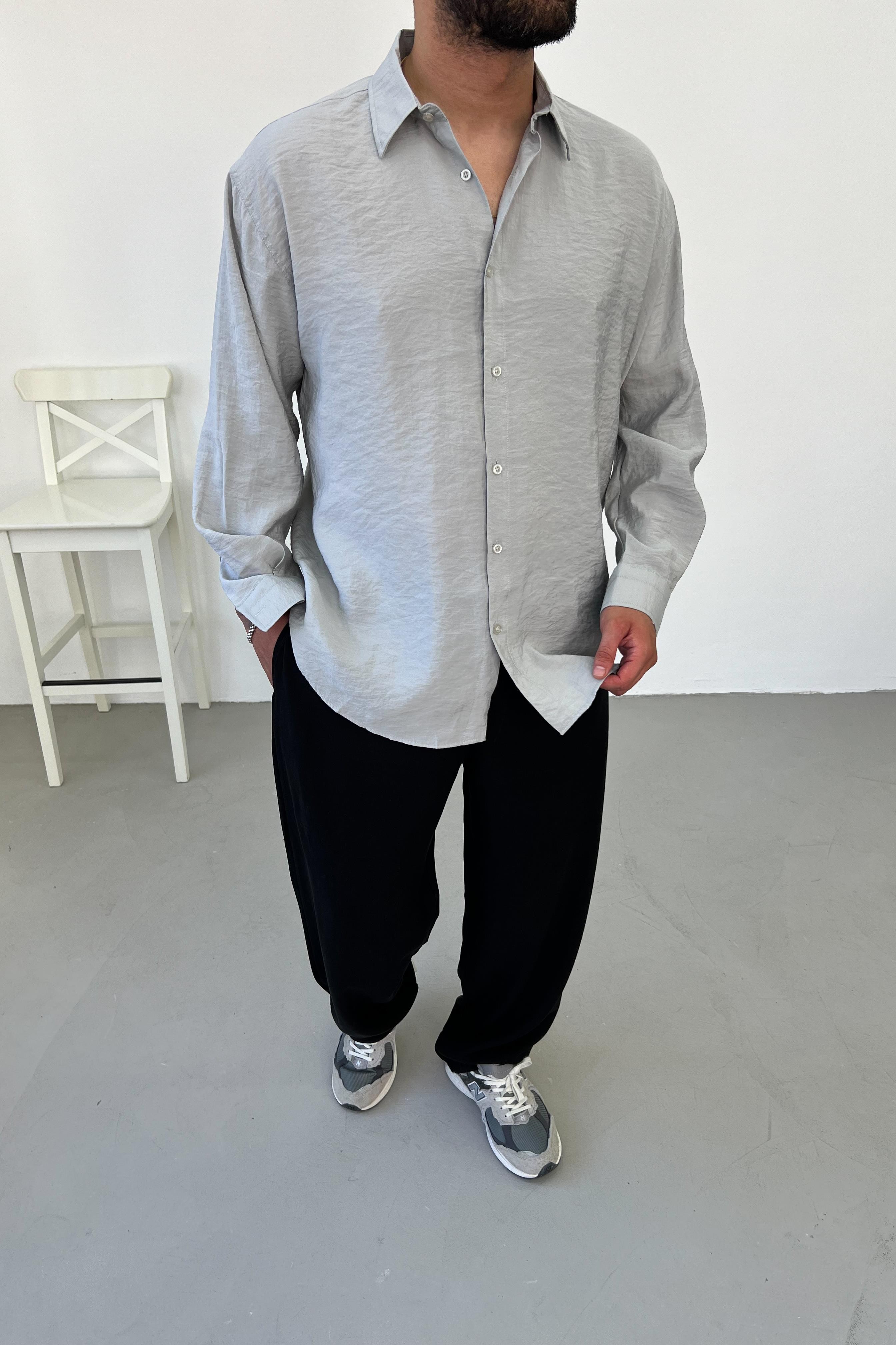 Modal Kumaş Gri Oversize Gömlek 4025