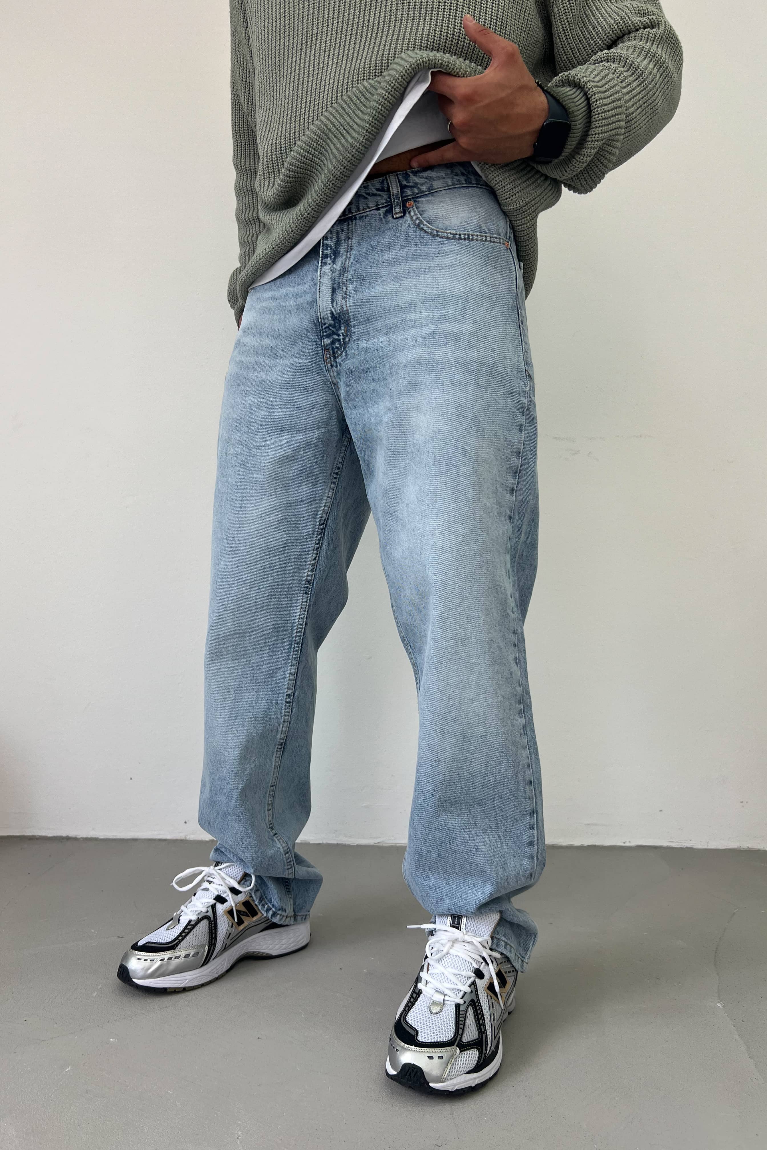 Taşlamalı Buz Mavi Baggy Pantolon 7358