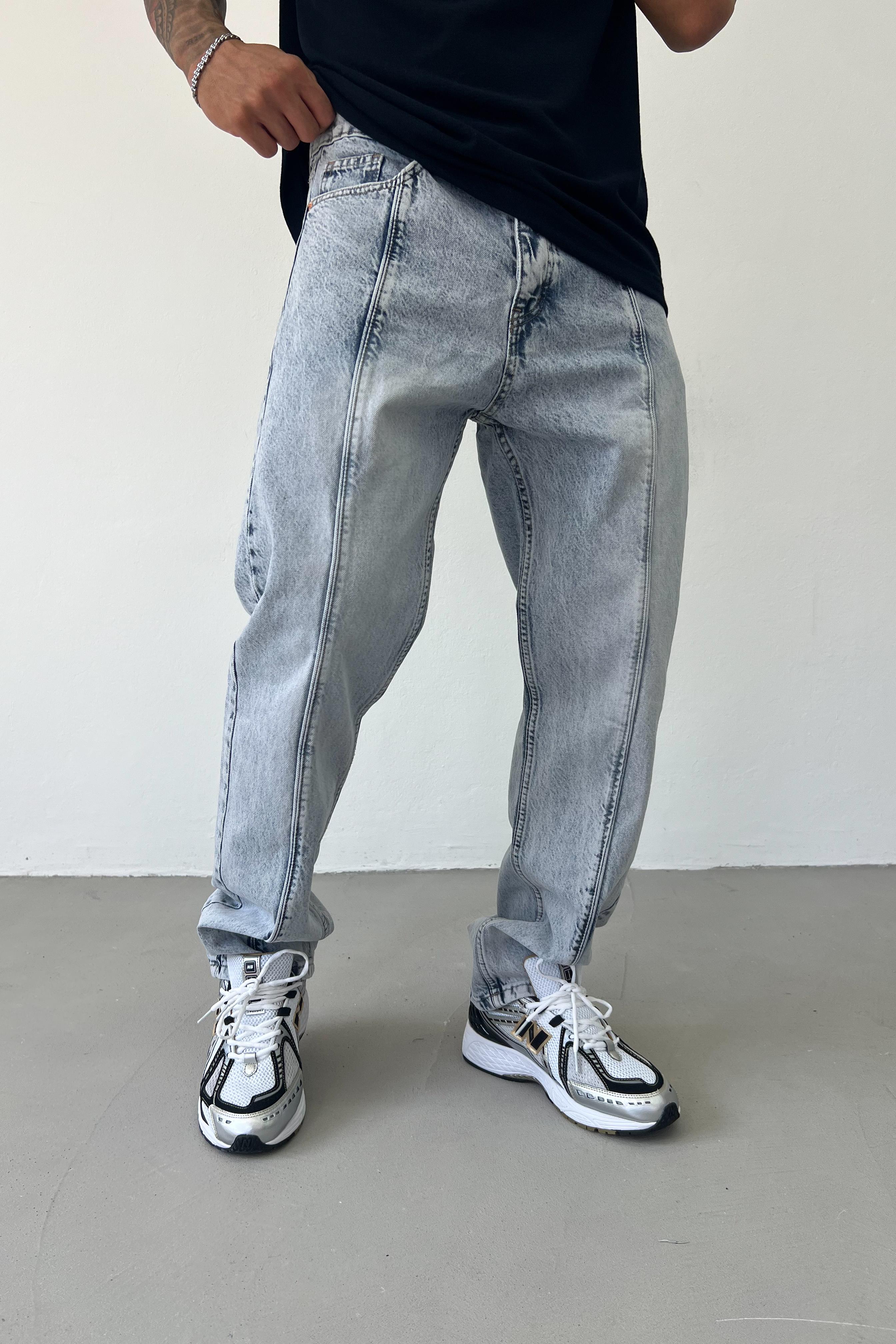 Dikiş Detaylı Baggy Pantolon 2947 - Buz Mavi
