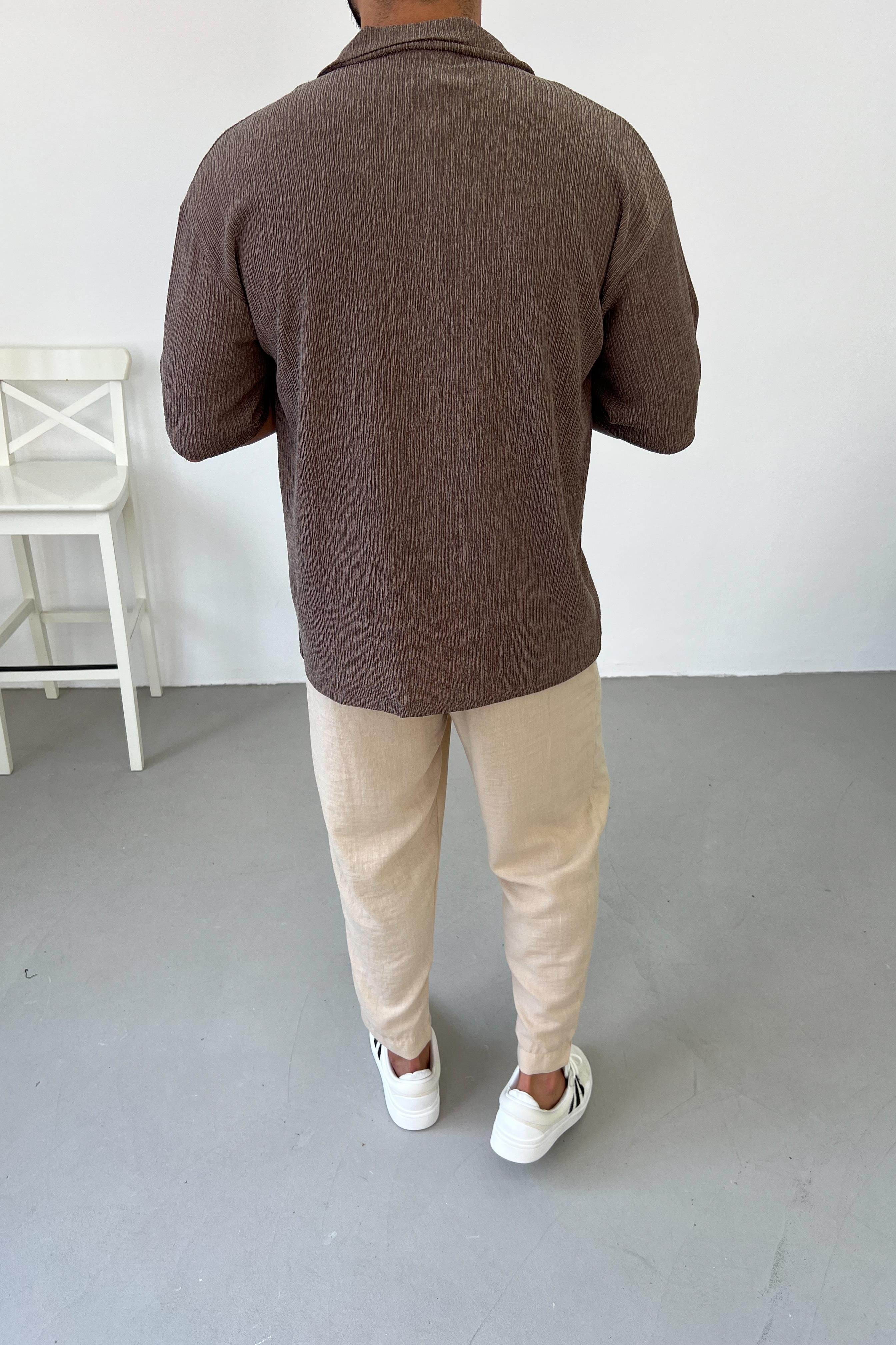 Kırçıl Desenli Apaş Yaka Kahve Oversize Gömlek 1271