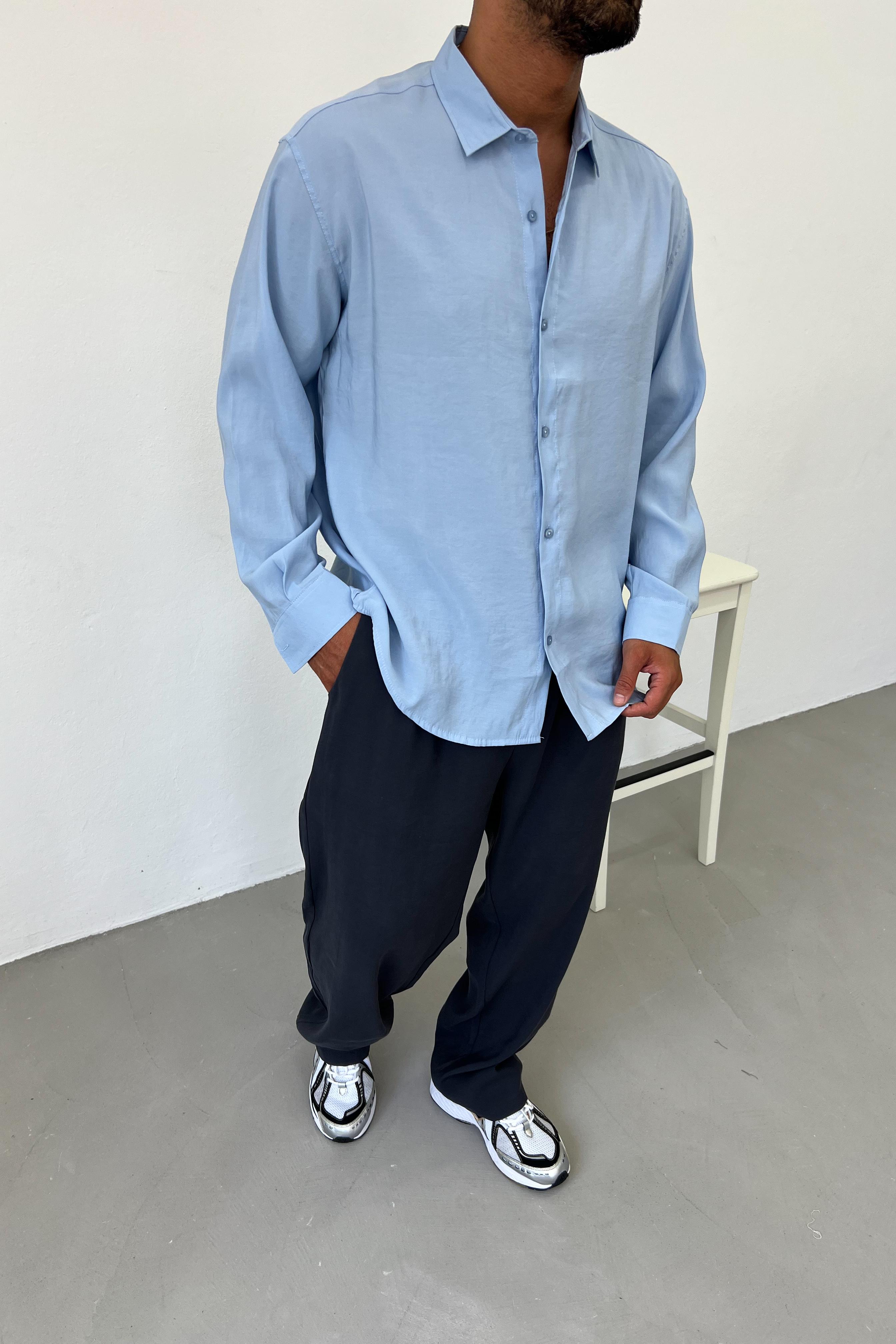 Tensel Kumaş Basic Oversize Gömlek 40-36 - Bebe Mavi