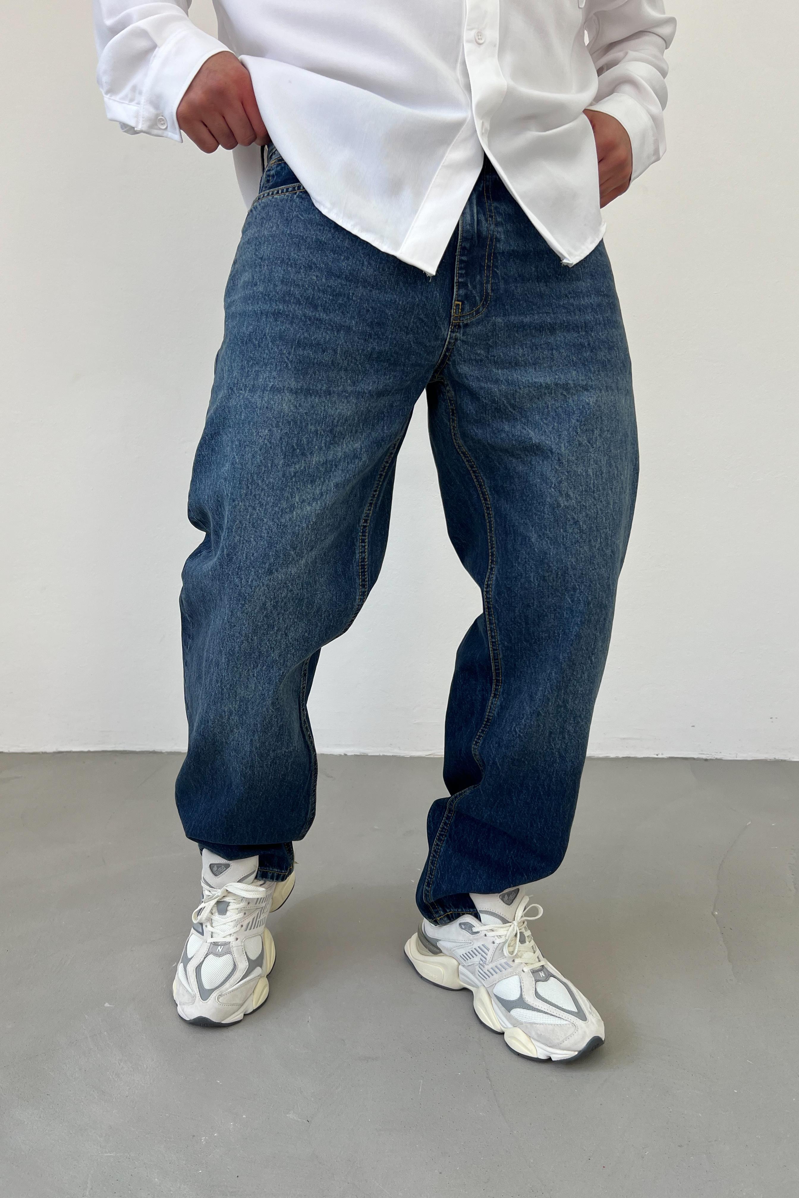 Taşlamalı Koyu Mavi Baggy Pantolon 16571-4