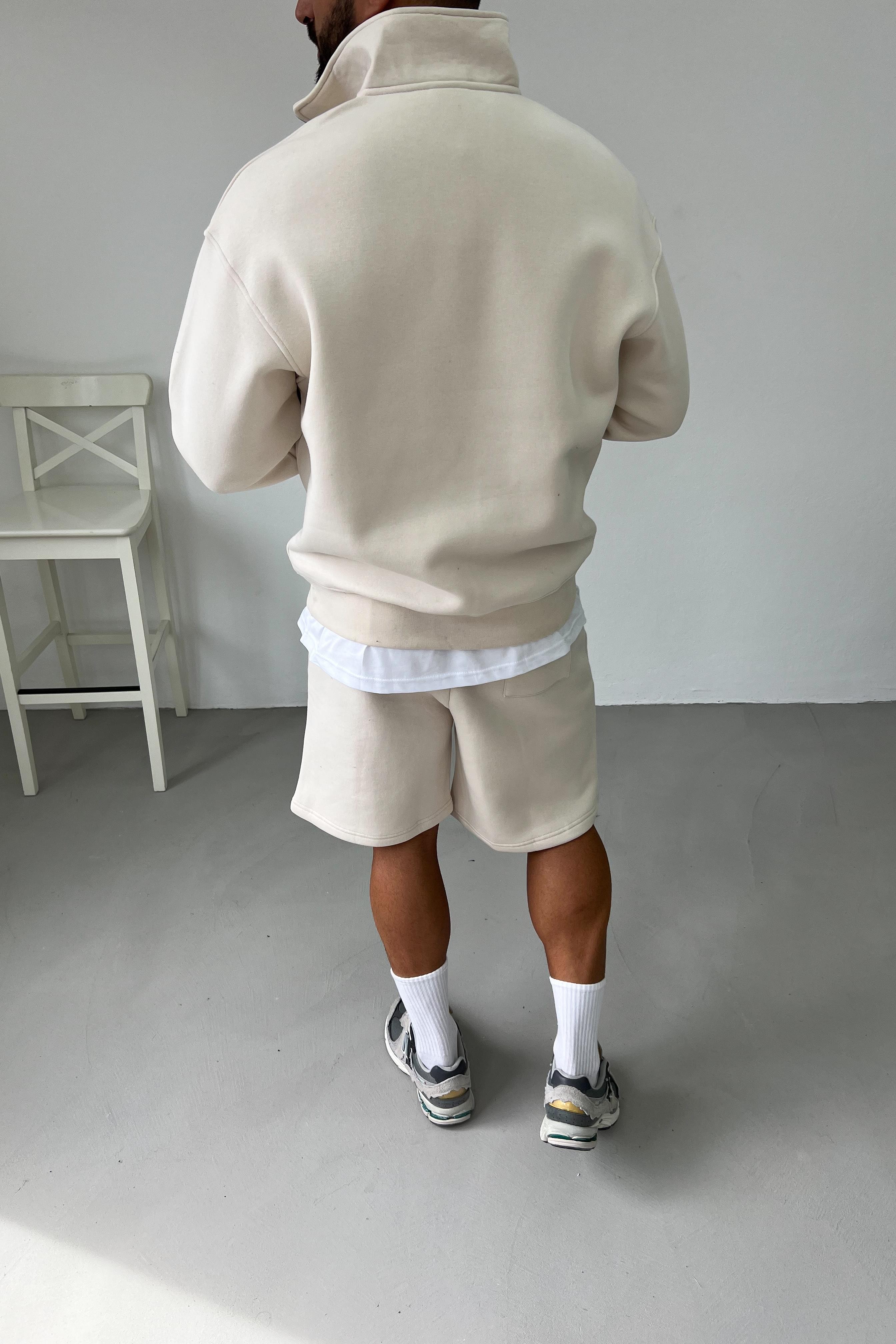 Enjeksiyon Baskılı Yarım Fermuarlı Oversize Bej Sweatshirt 1528