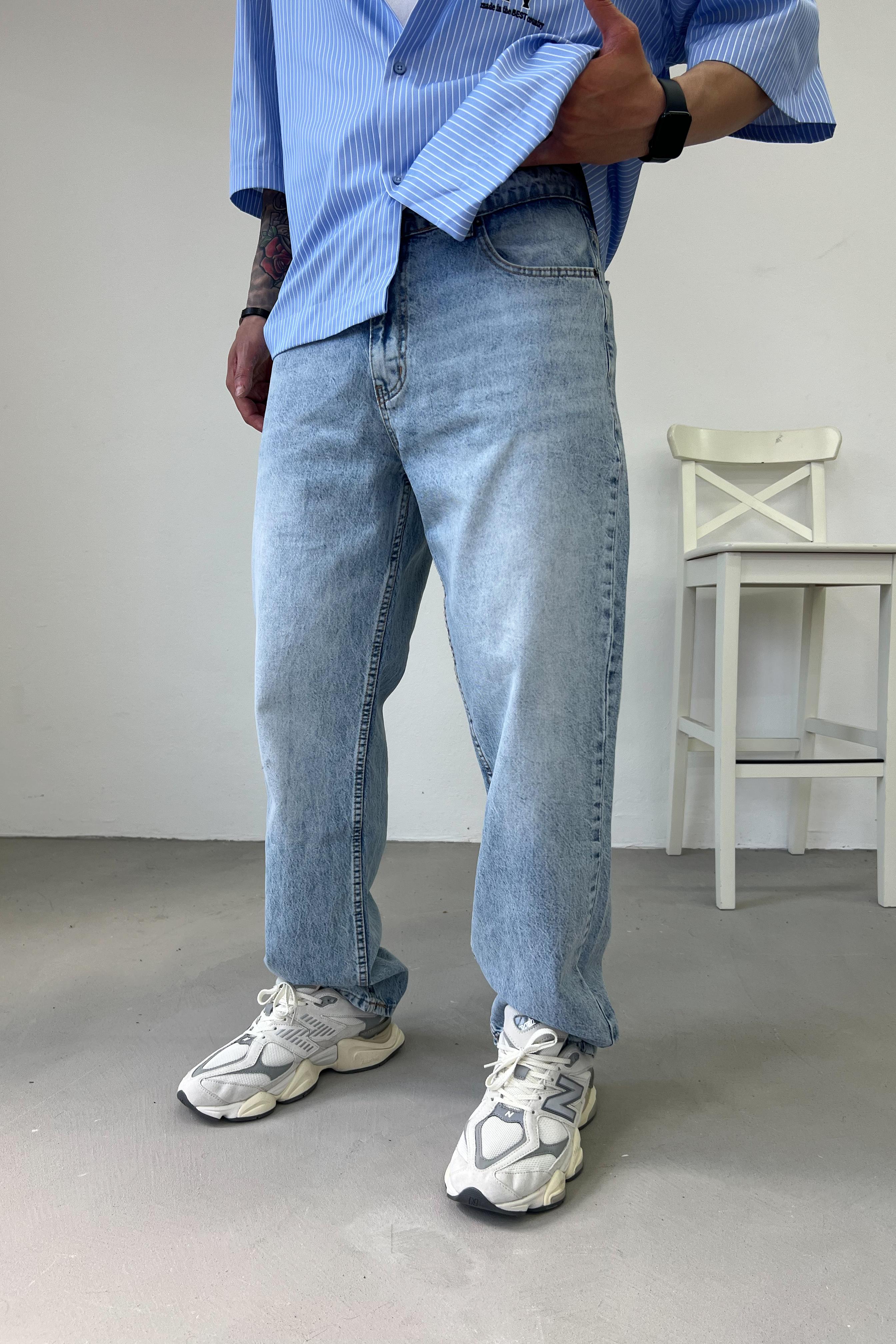 Taşlamalı Buz Mavi Baggy Pantolon 7342