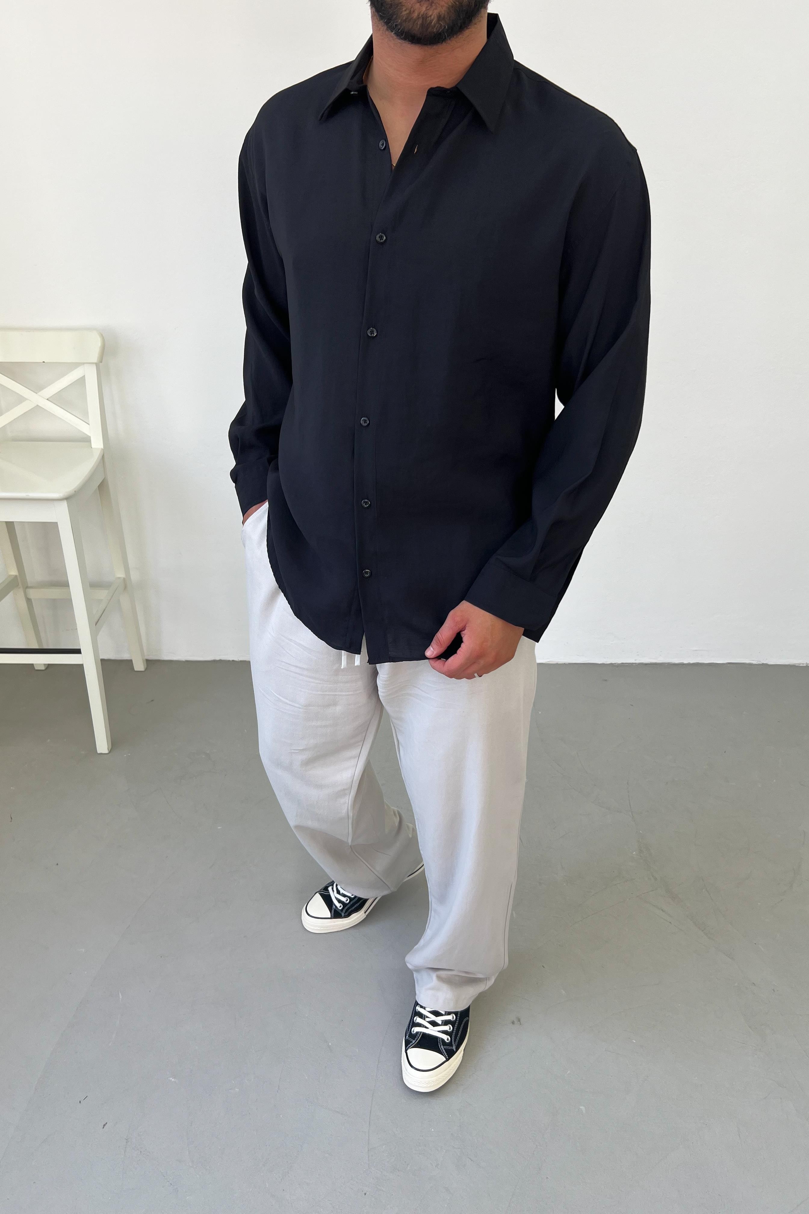 Modal Kumaş Siyah Oversize Gömlek 4025