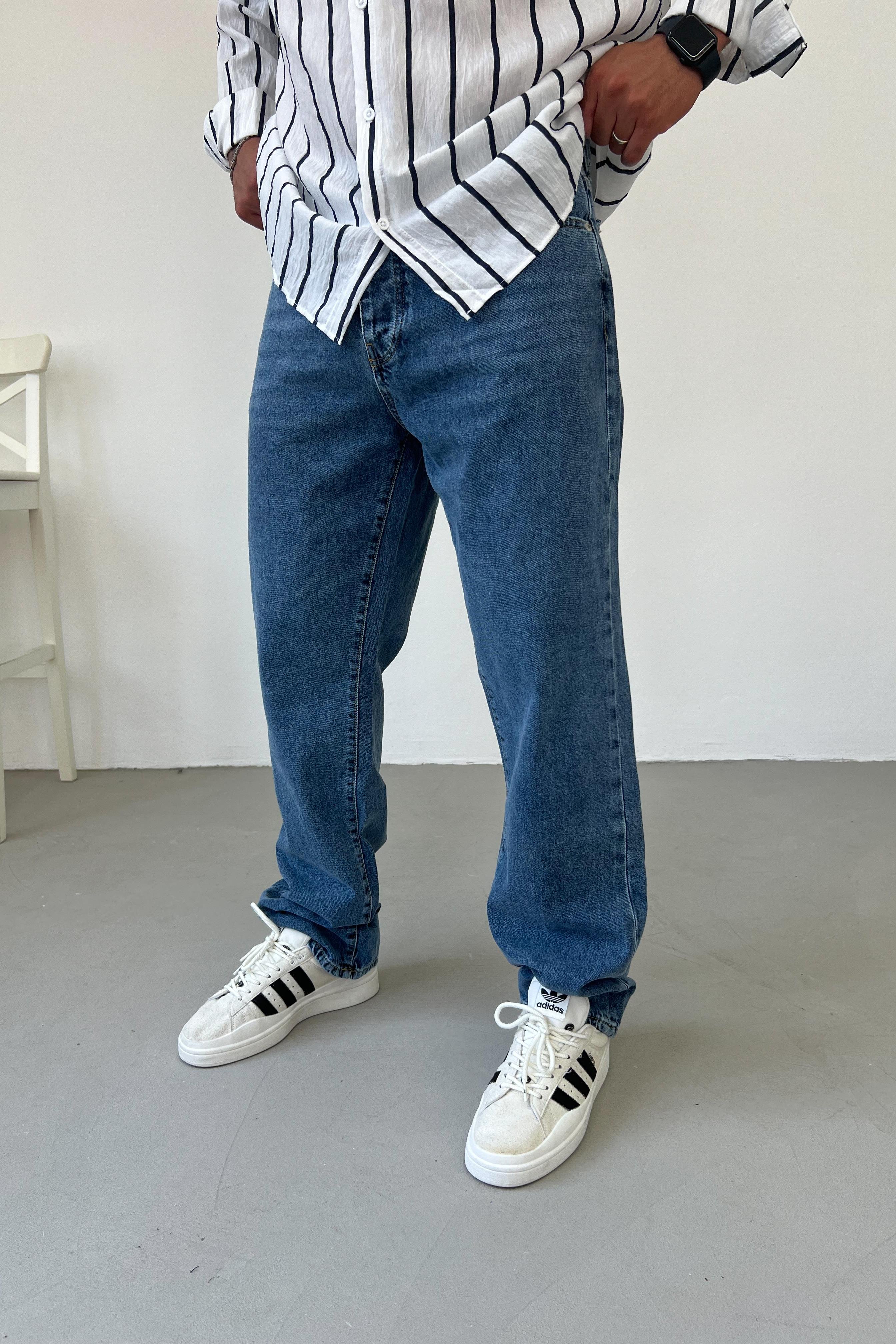 Yıkamalı Mavi Baggy Pantolon 16323-4