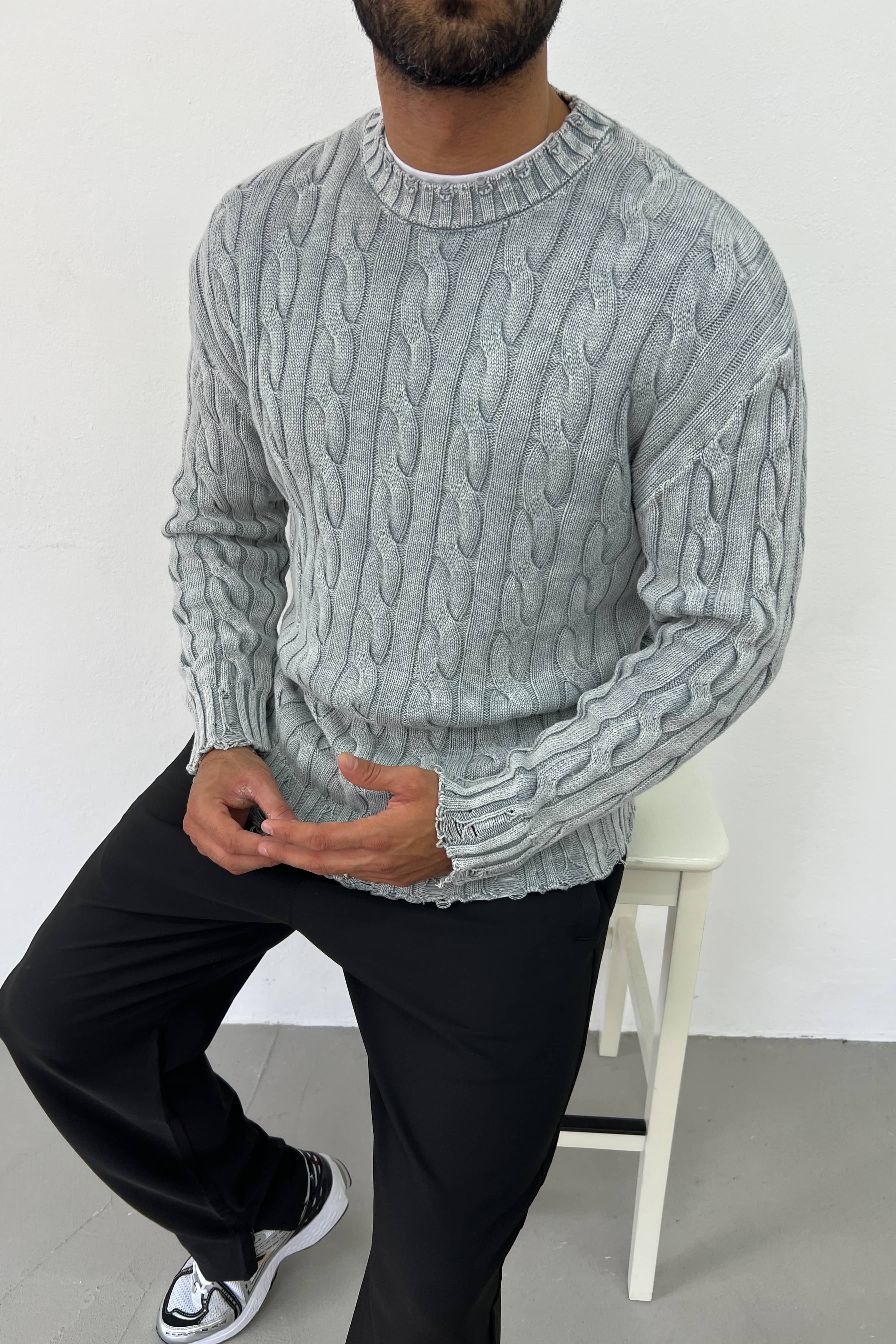Yıkamalı Örgü Desenli Oversize Triko 2618 - Gri