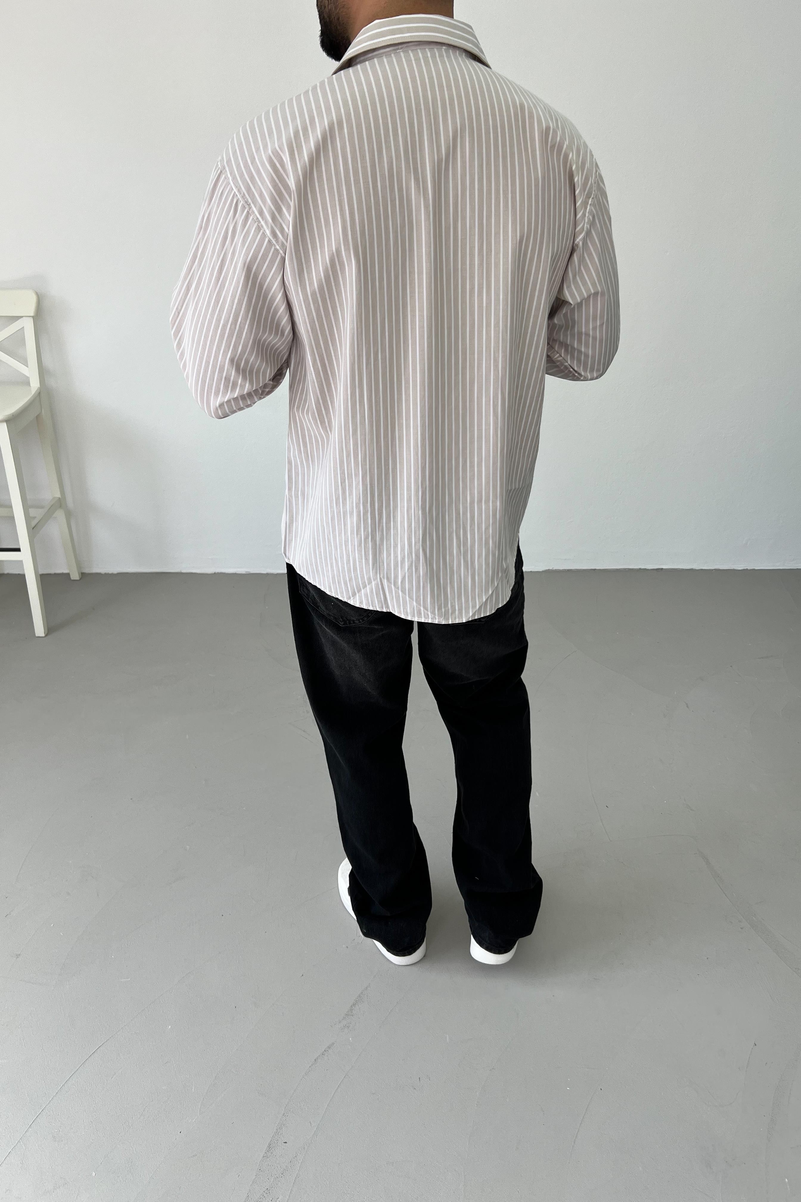 Çizgili Oversize Bej Gömlek 1003