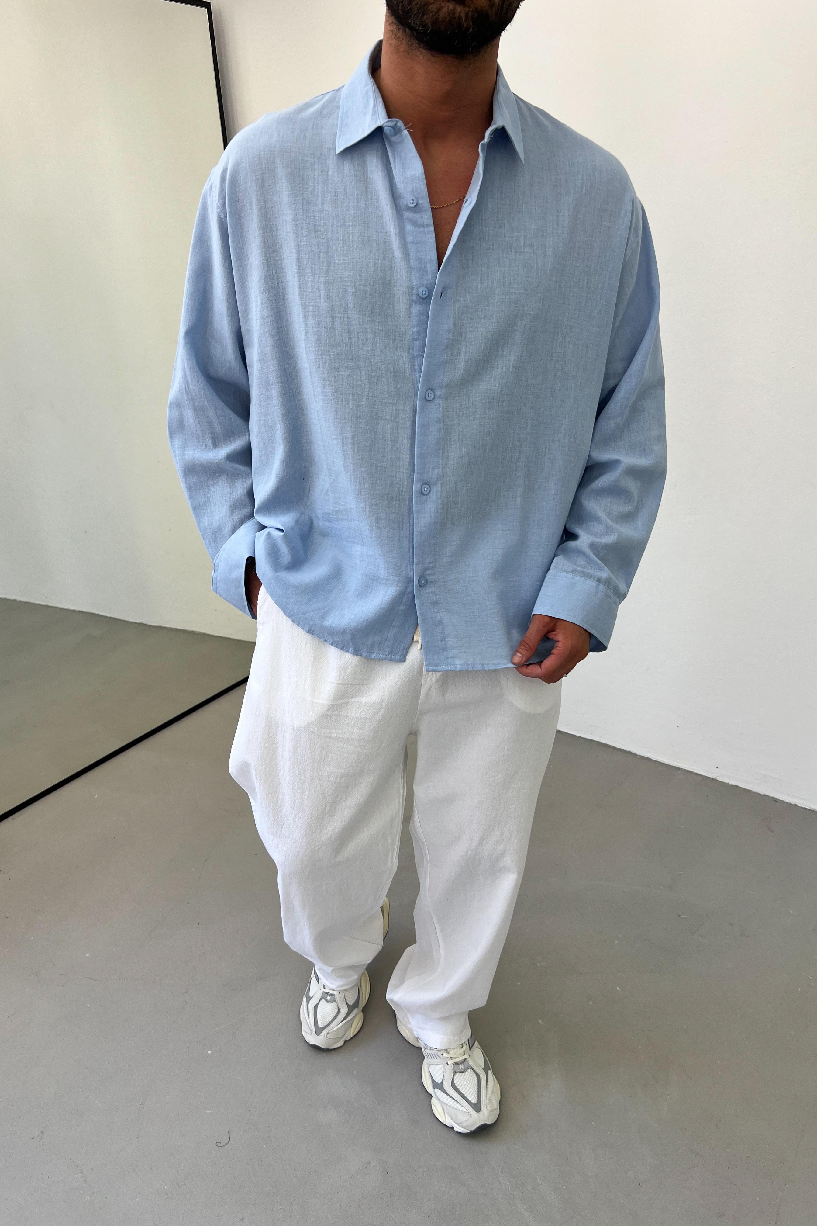 Oversize Basic Keten Gömlek E40-11 - Bebe Mavi