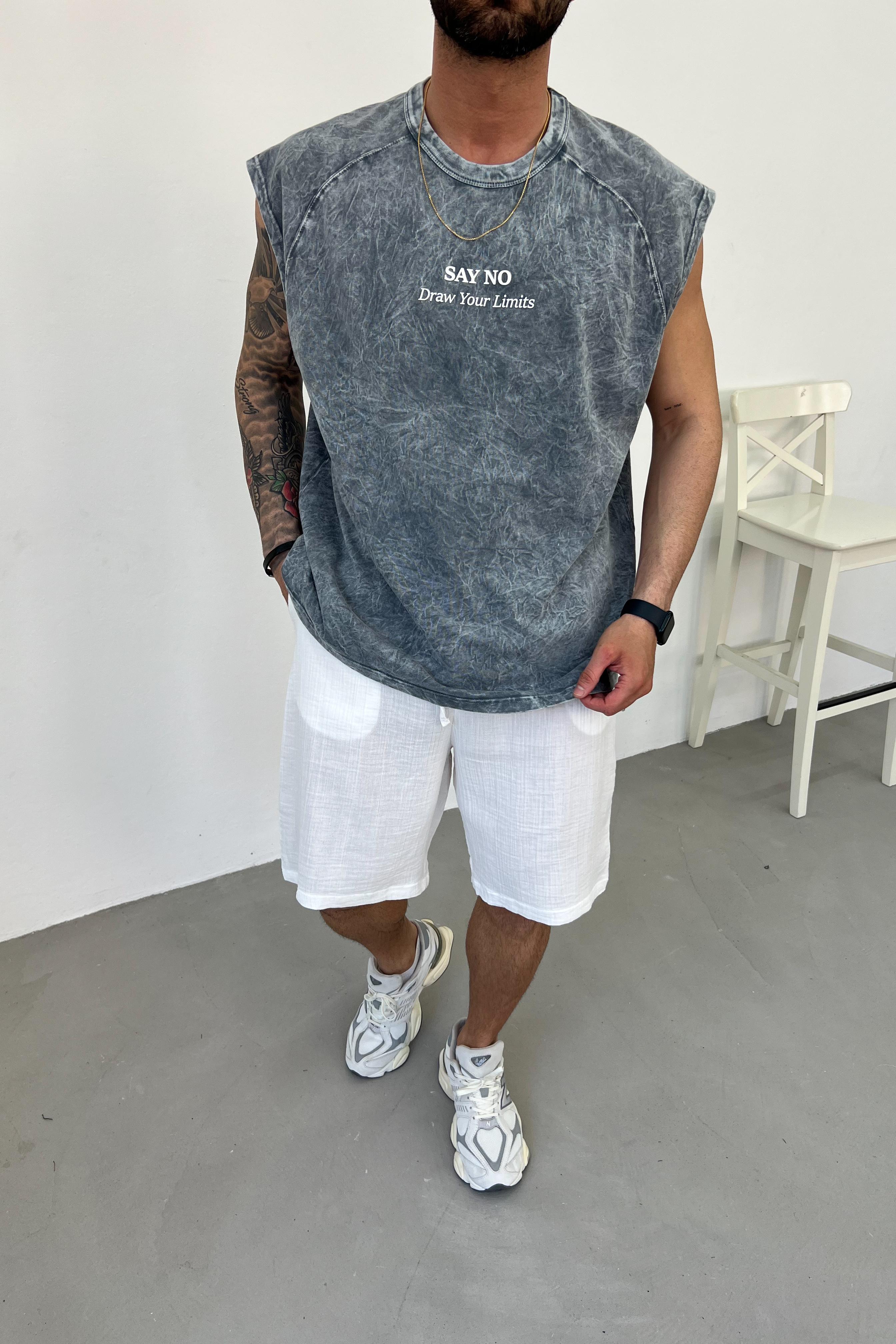 Say No Baskılı Yıkamalı Kolsuz Oversize Tshirt 25Y278
