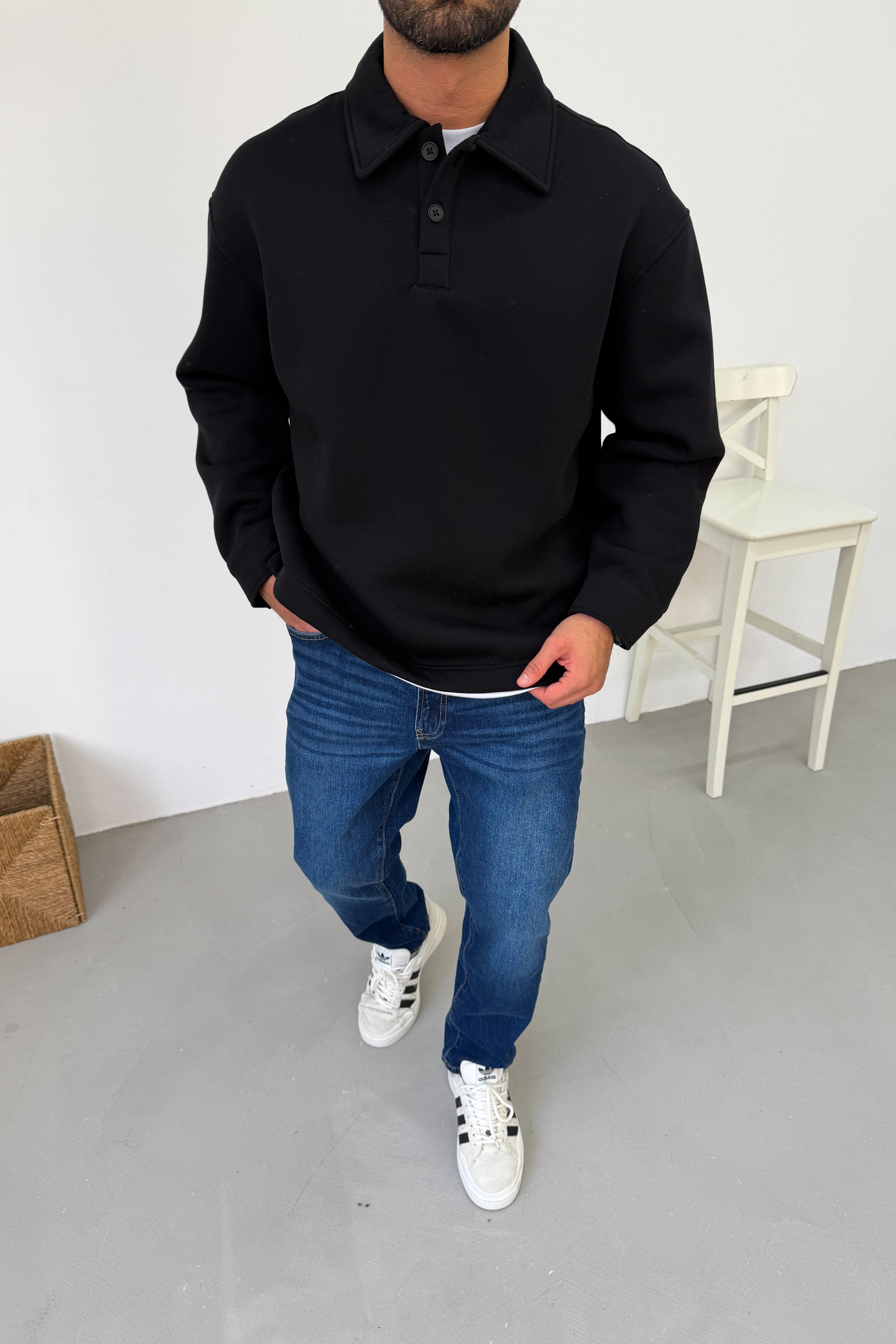 Polo Yaka Basic Oversize Sweatshirt 7081 - Siyah