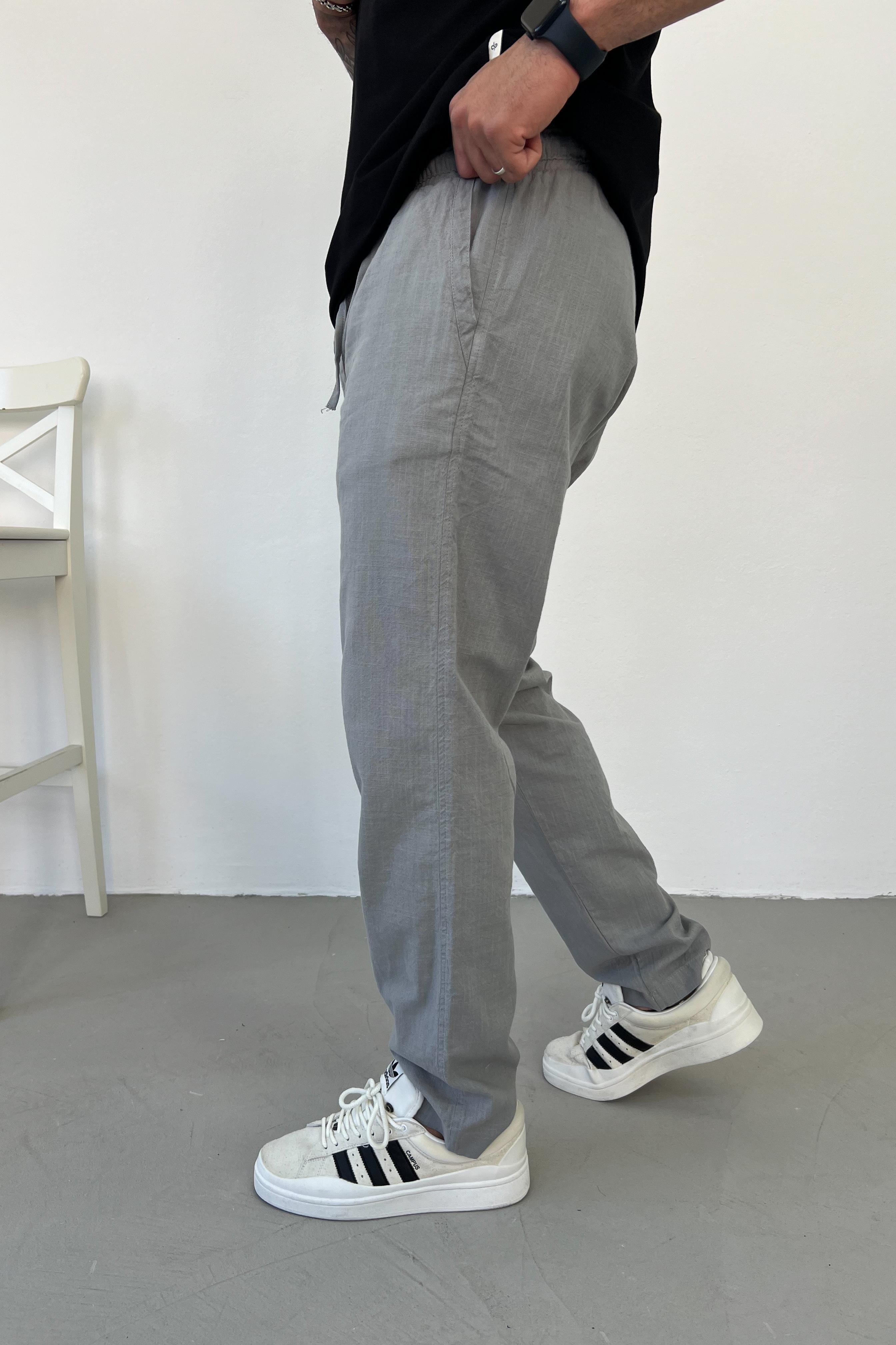Beli Lastikli Gri Keten Pantolon 4038