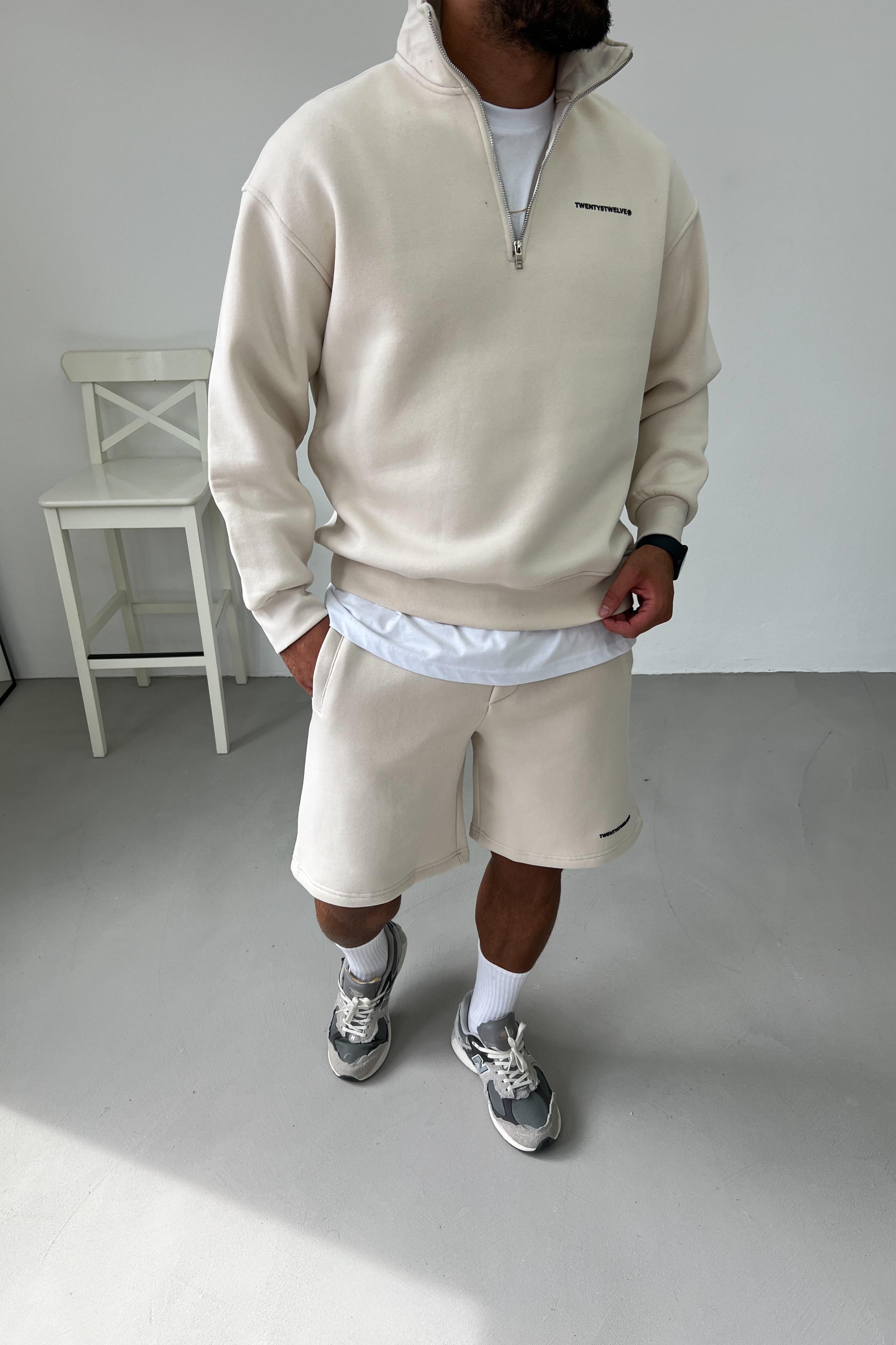 Enjeksiyon Baskılı Yarım Fermuarlı Oversize Bej Sweatshirt 1528