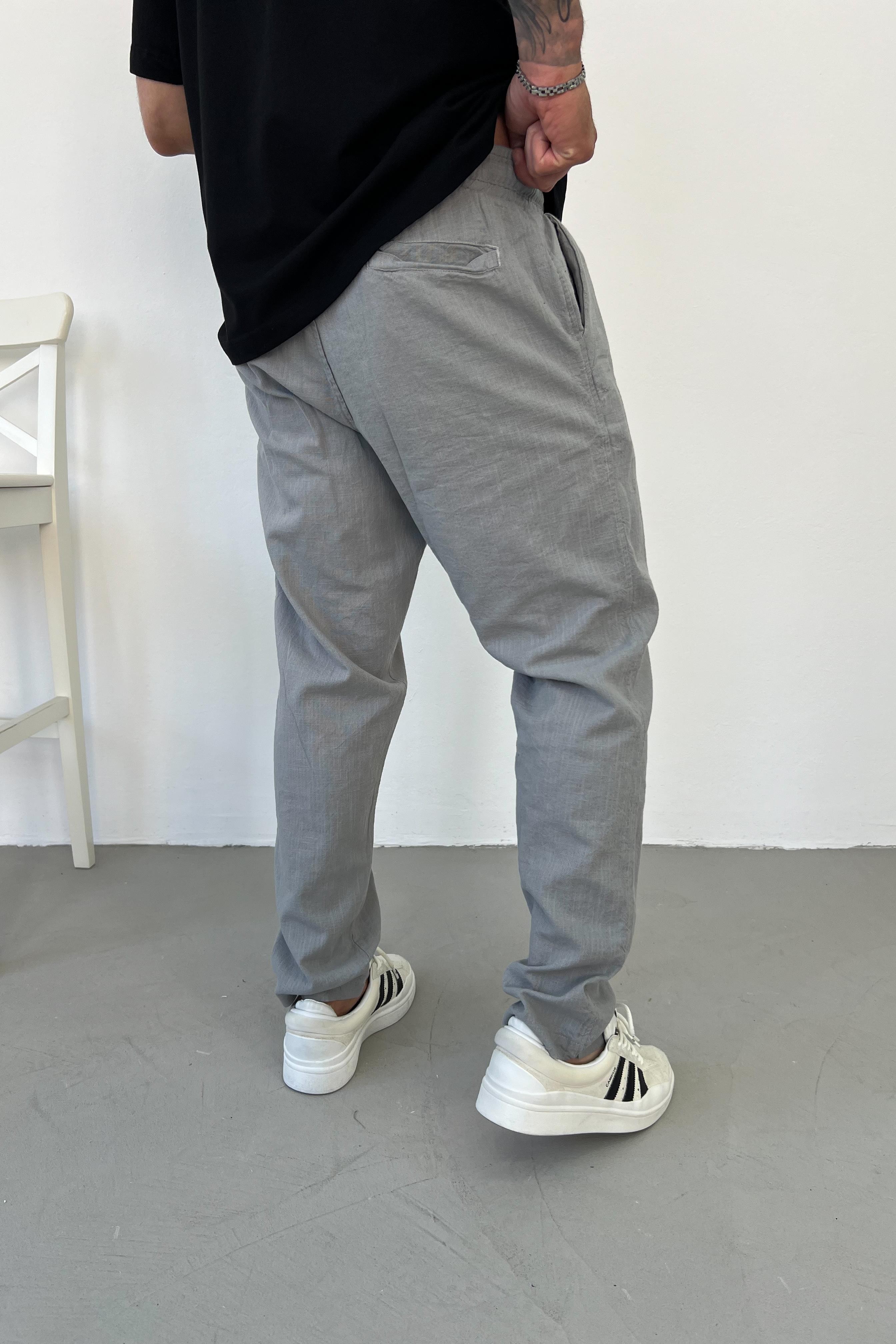 Beli Lastikli Gri Keten Pantolon 4038