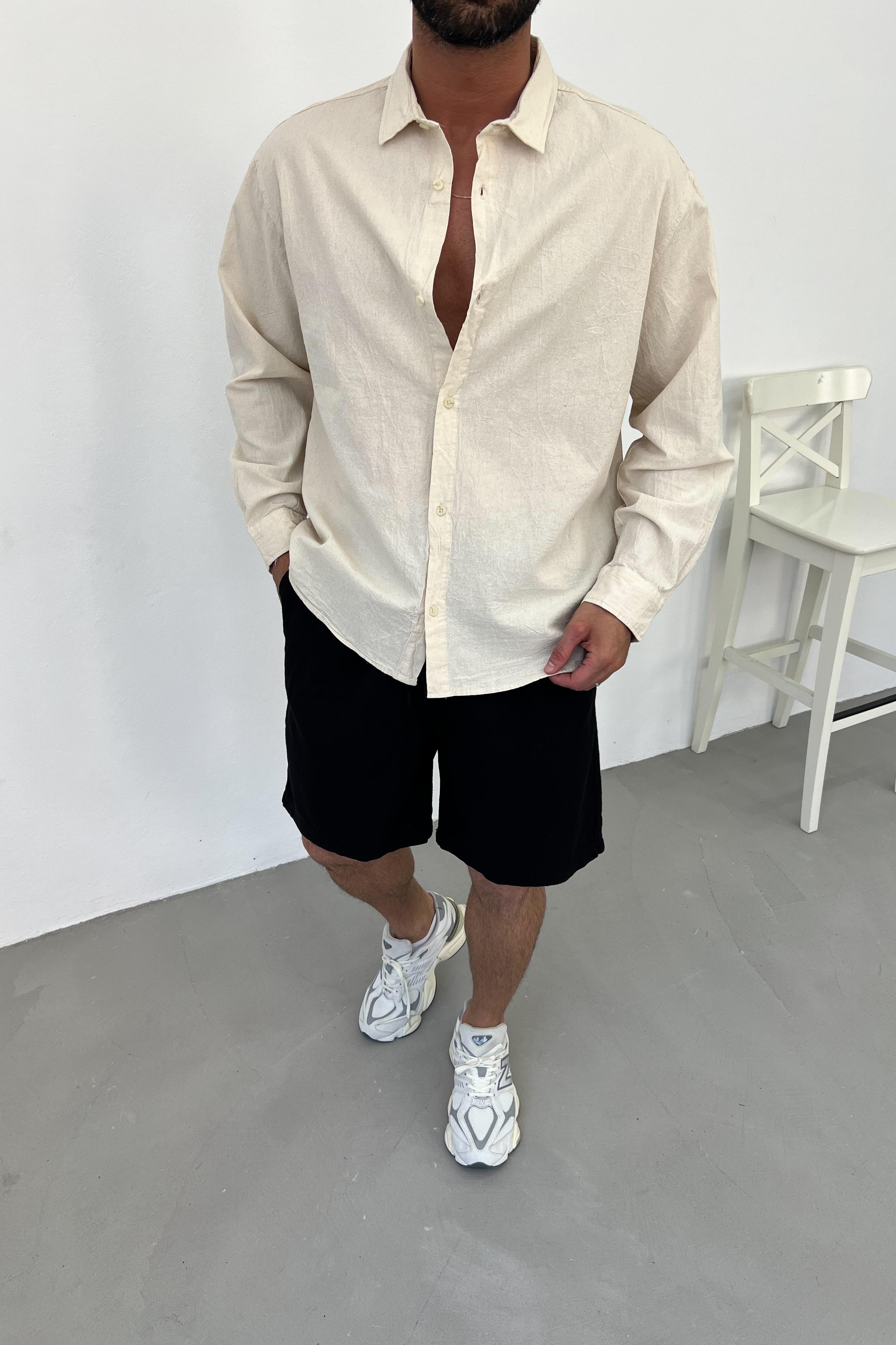 Oversize Keten Gömlek E40-28 - Bej